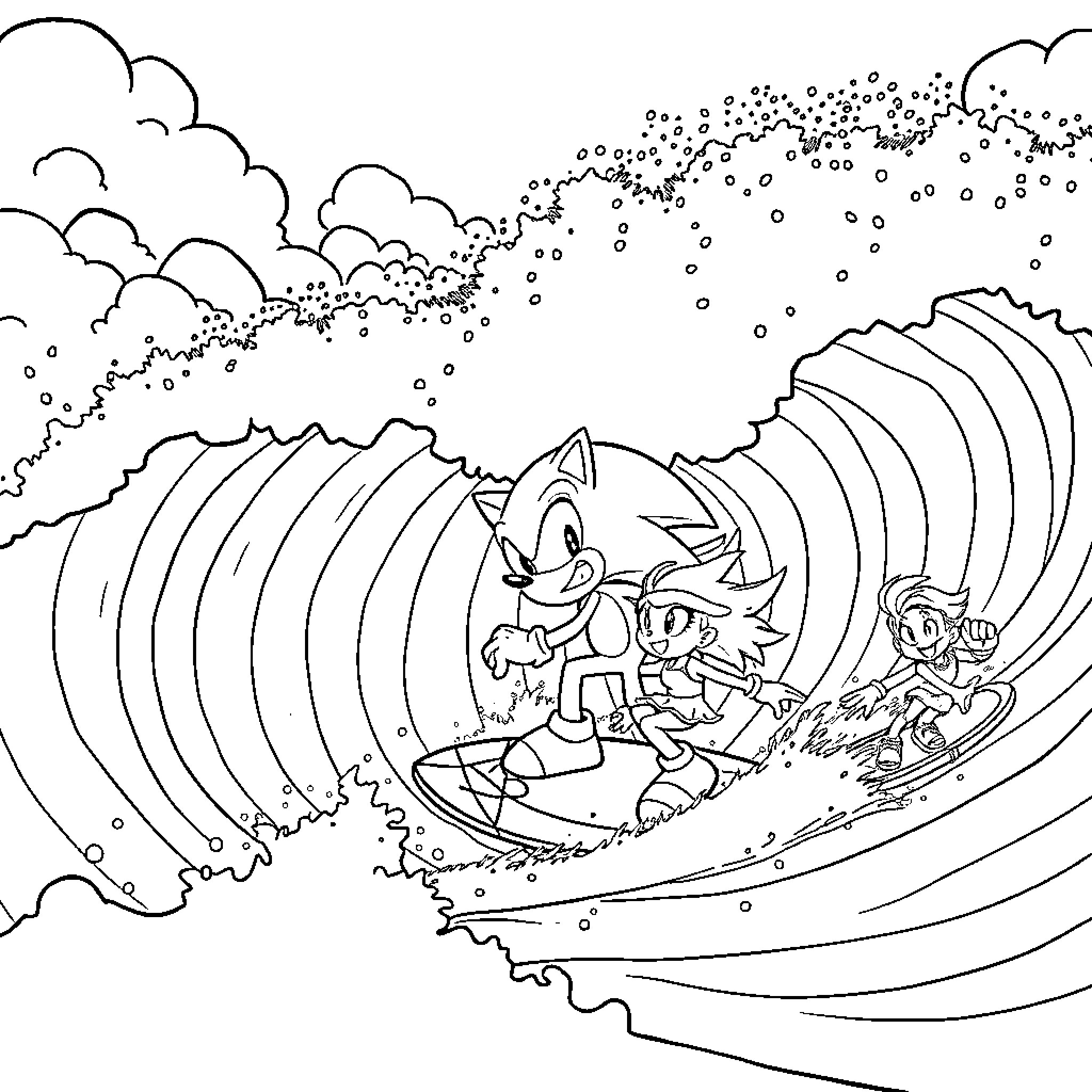 Sonic and friends surfing through wave Coloring Page (free black-and-white line drawing printable PDF for all, from beginners to advanced learners, including children, teens, adults, and seniors)