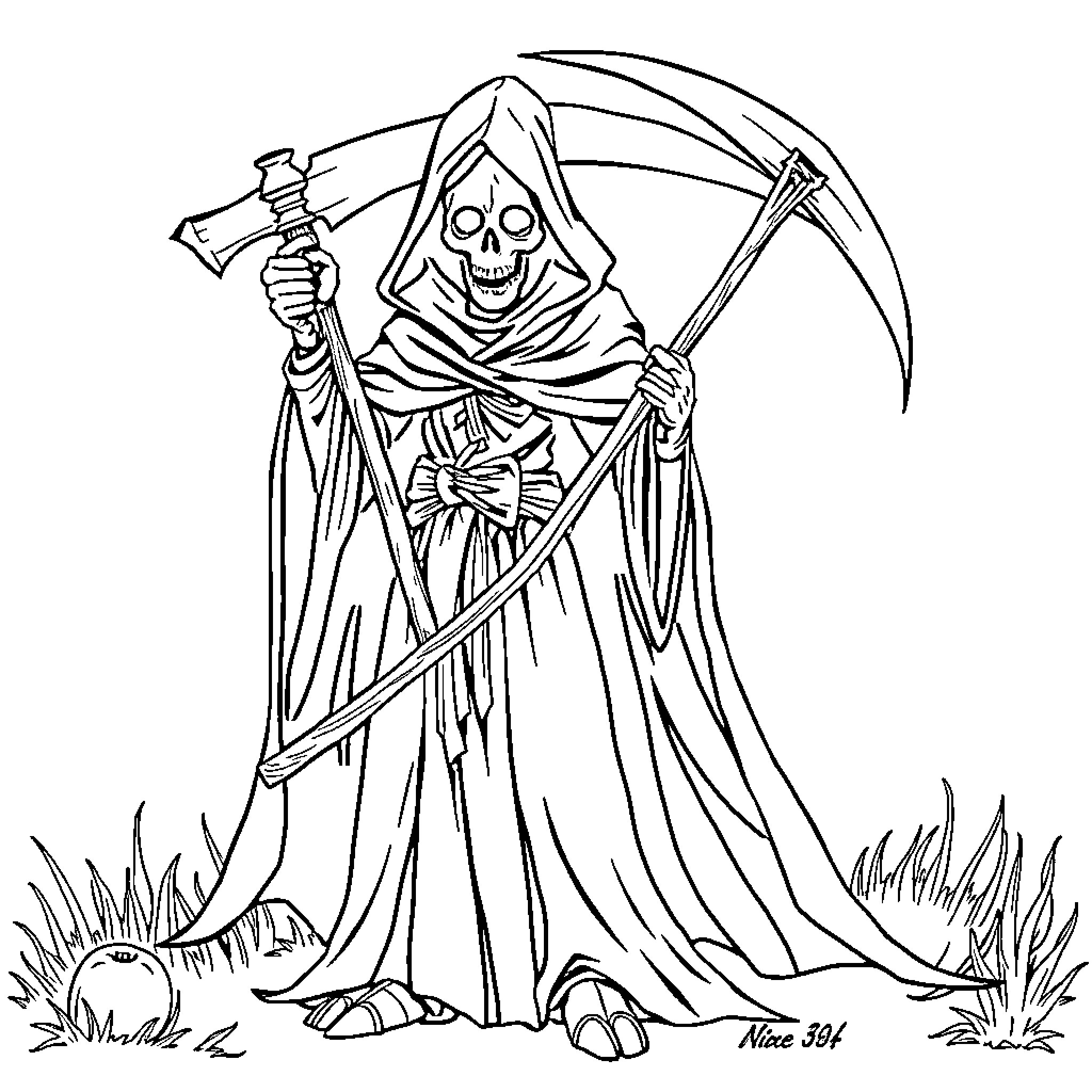 Reaper wielding scythe amidst gravestones Coloring Page (free black-and-white line drawing printable PDF for all, from beginners to advanced learners, including children, teens, adults, and seniors)