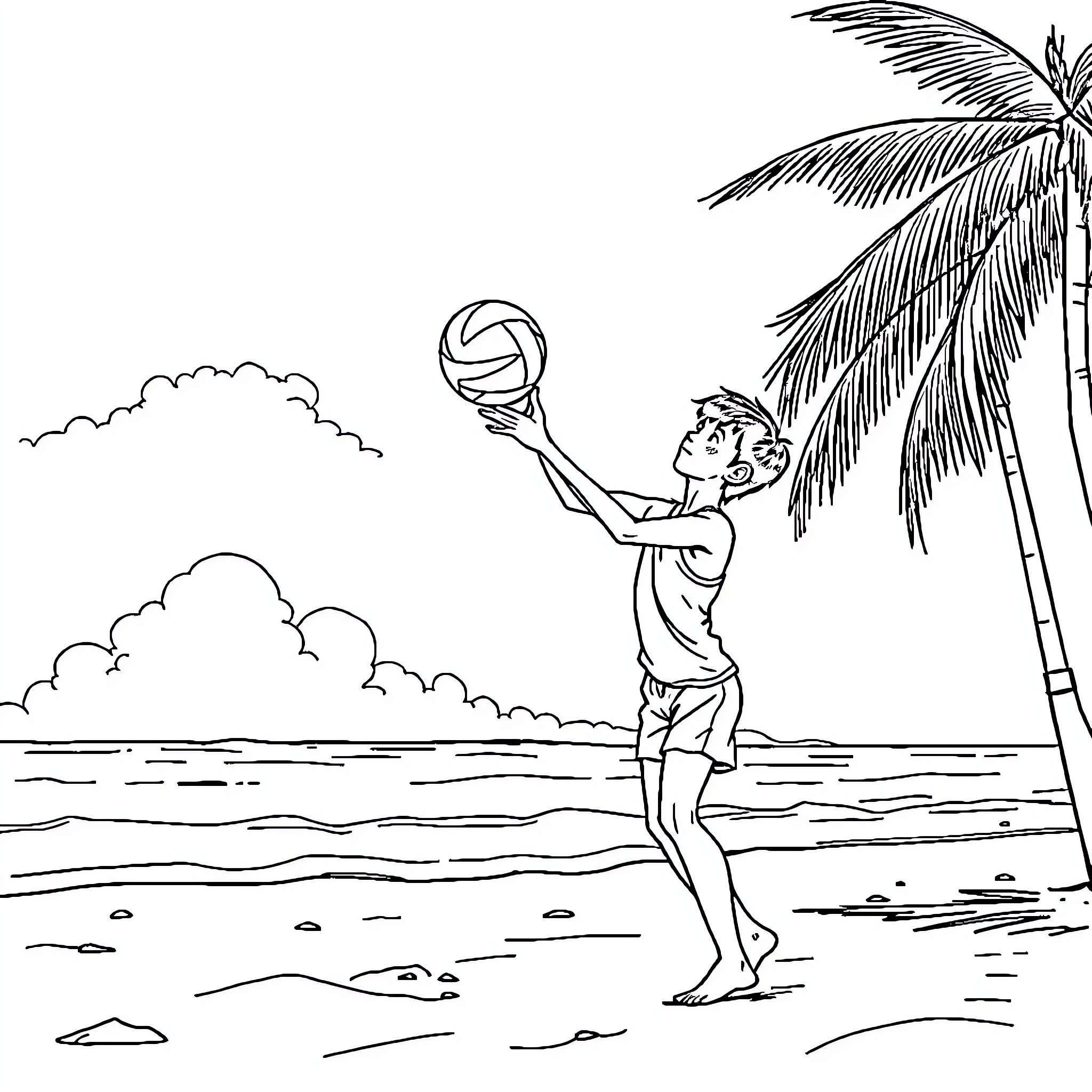 Volleyball player jumping for a spike on the beach Coloring Page (free black-and-white line drawing printable PDF for all, from beginners to advanced learners, including children, teens, adults, and seniors)