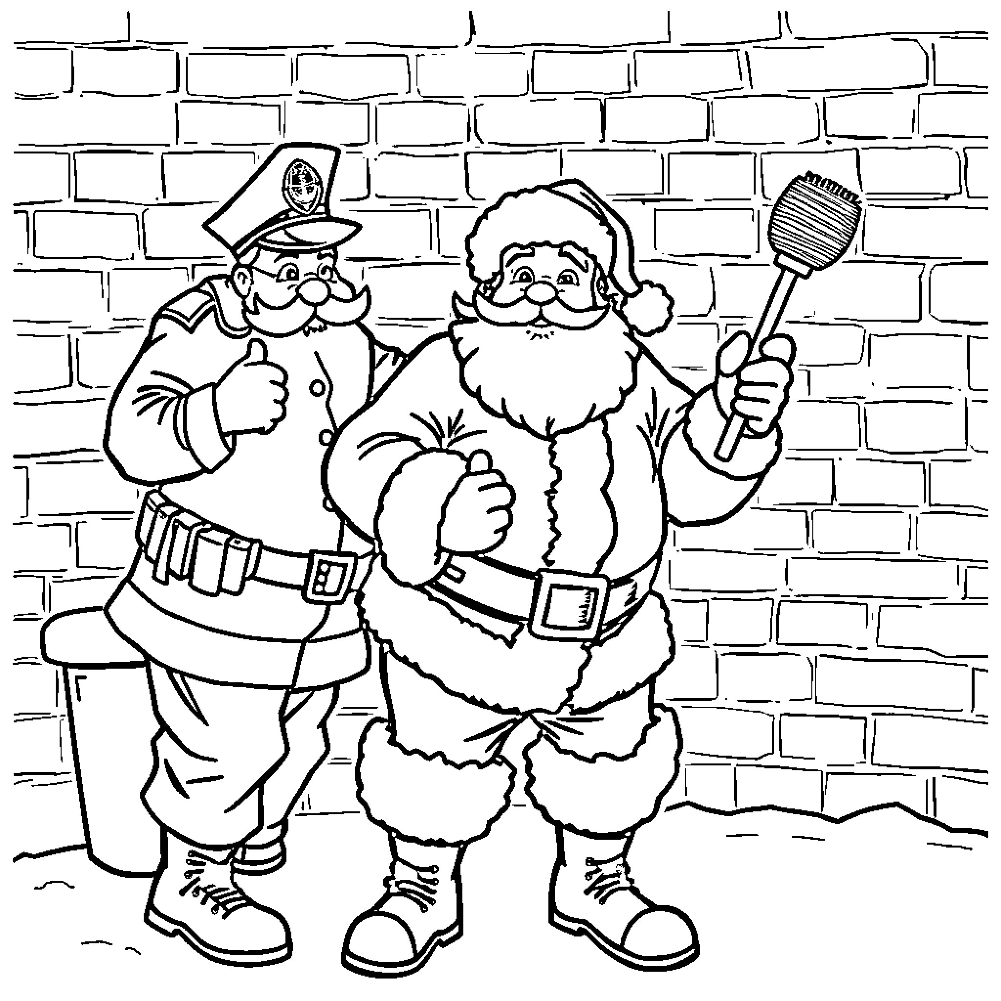 Santa and Police Officer Enjoying Friendly Conversation Coloring Page (free black-and-white line drawing printable PDF for all, from beginners to advanced learners, including children, teens, adults, and seniors)