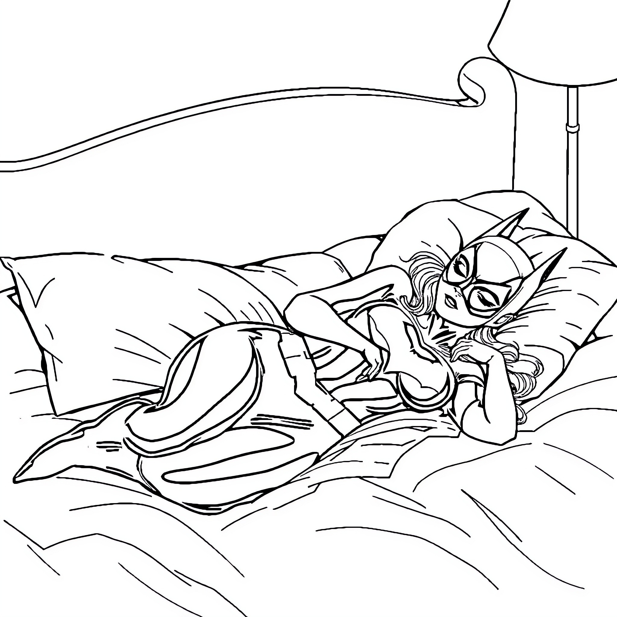 Batwoman resting in her bed Coloring Page (free black-and-white line drawing printable PDF for all, from beginners to advanced learners, including children, teens, adults, and seniors)