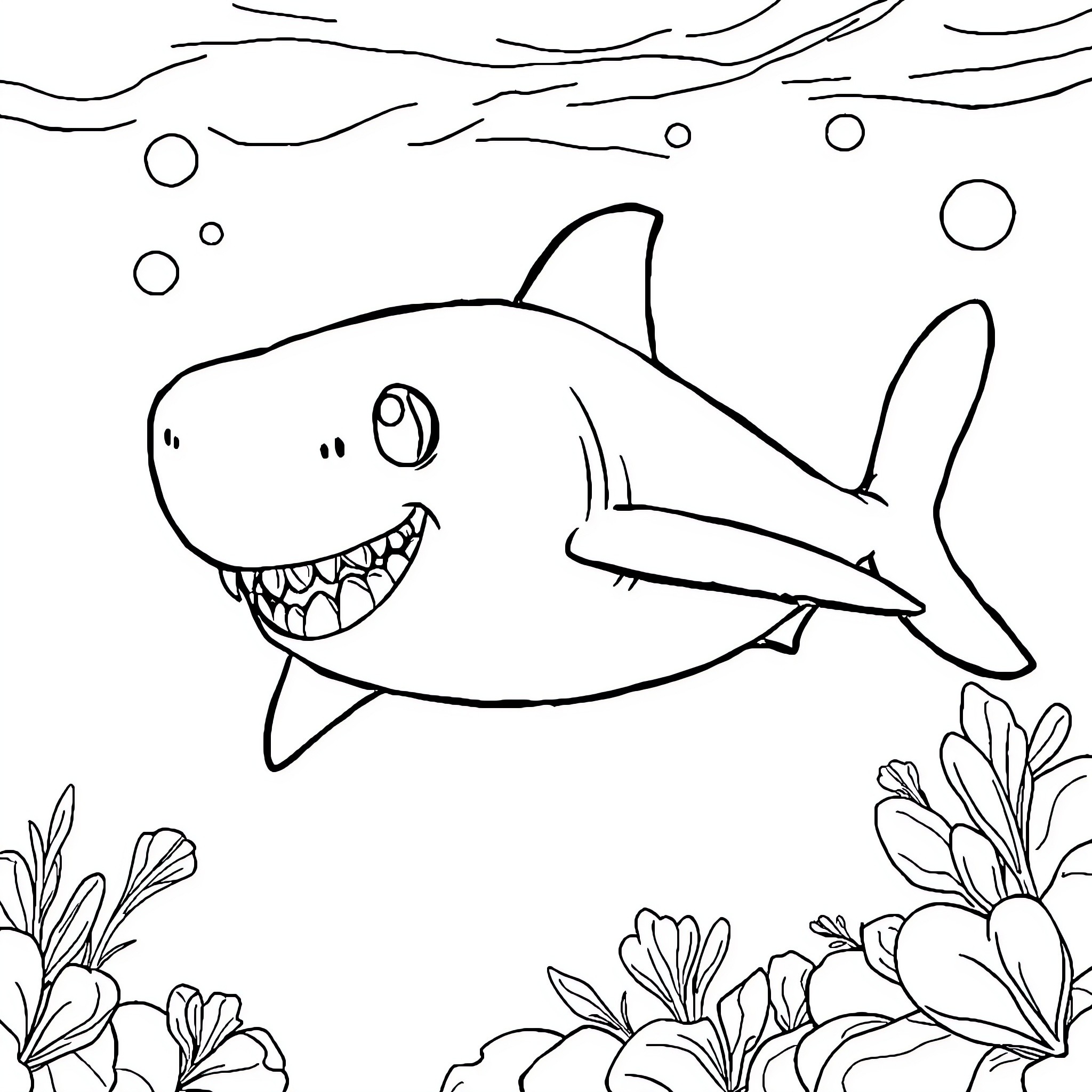 Baby Shark smiling with underwater plants Coloring Page (free black-and-white line drawing printable PDF for all, from beginners to advanced learners, including children, teens, adults, and seniors)