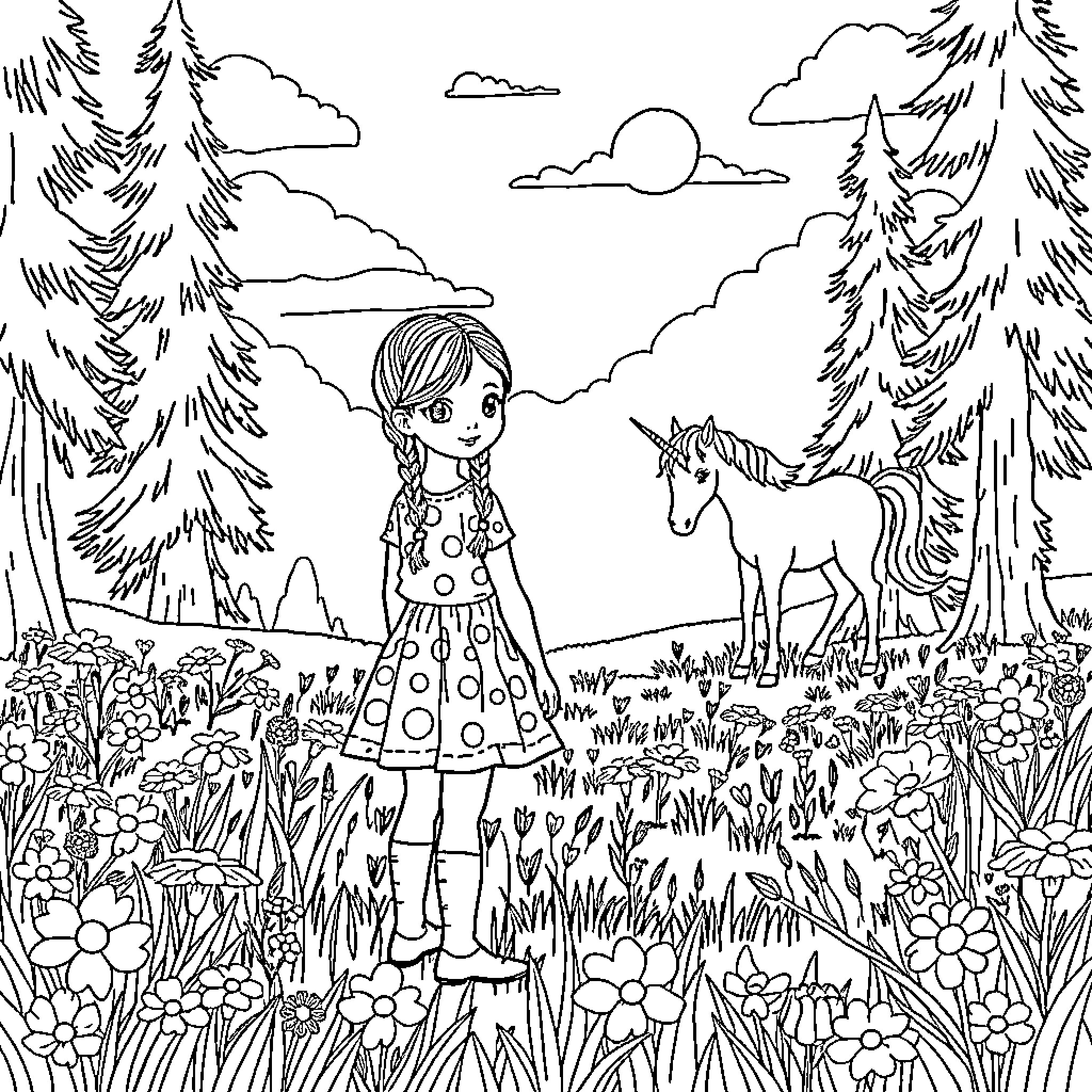 Girl exploring the whimsical forest with a unicorn Coloring Page (free black-and-white line drawing printable PDF for all, from beginners to advanced learners, including children, teens, adults, and seniors)
