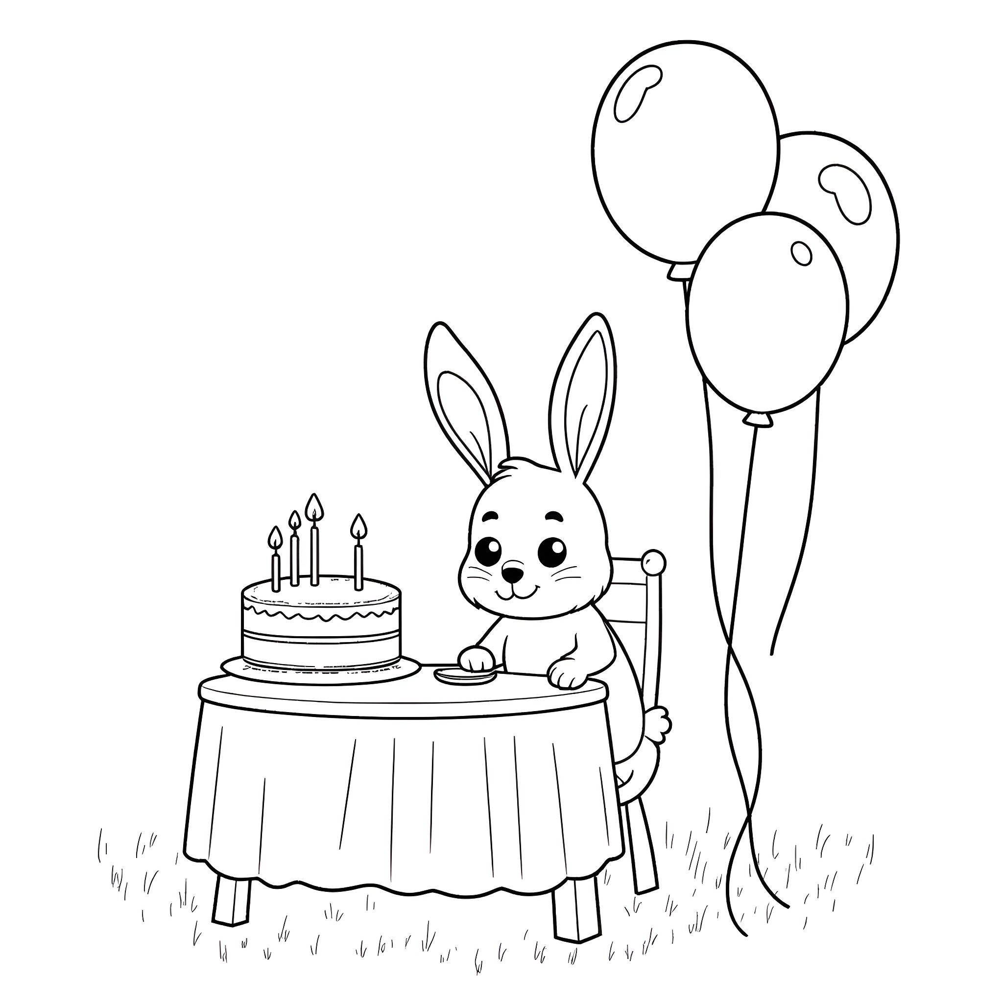 Bunny celebrating birthday with cake and balloons Coloring Page (free black-and-white line drawing printable PDF for all, from beginners to advanced learners, including children, teens, adults, and seniors)