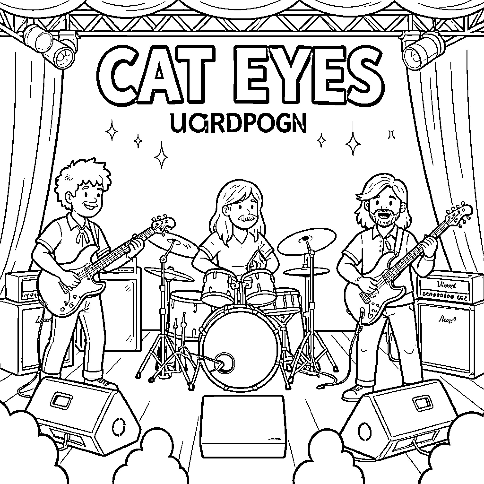 Cat Eyes band performing music on a stage Coloring Page (free black-and-white line drawing printable PDF for all, from beginners to advanced learners, including children, teens, adults, and seniors)