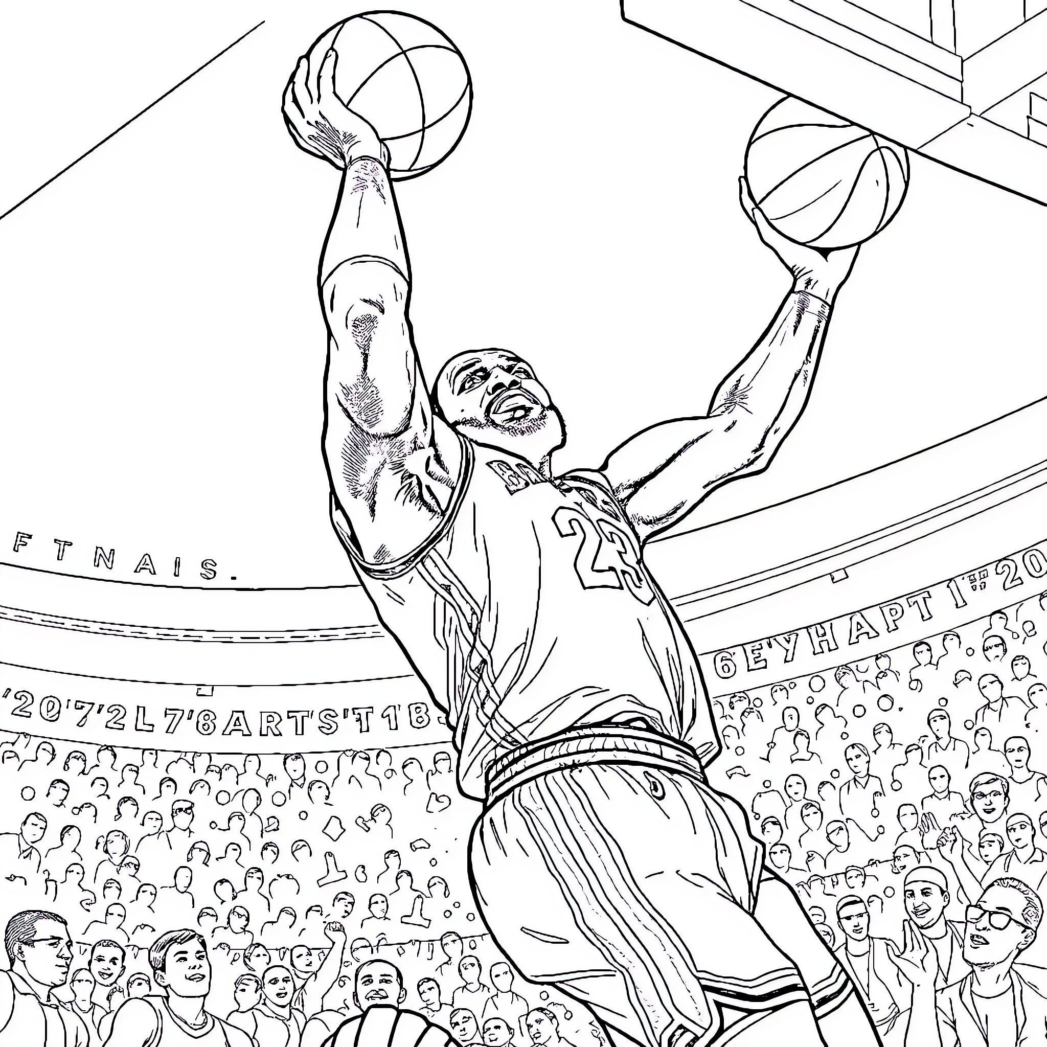 LeBron James dunking a basketball in a crowded arena Coloring Page (free black-and-white line drawing printable PDF for all, from beginners to advanced learners, including children, teens, adults, and seniors)