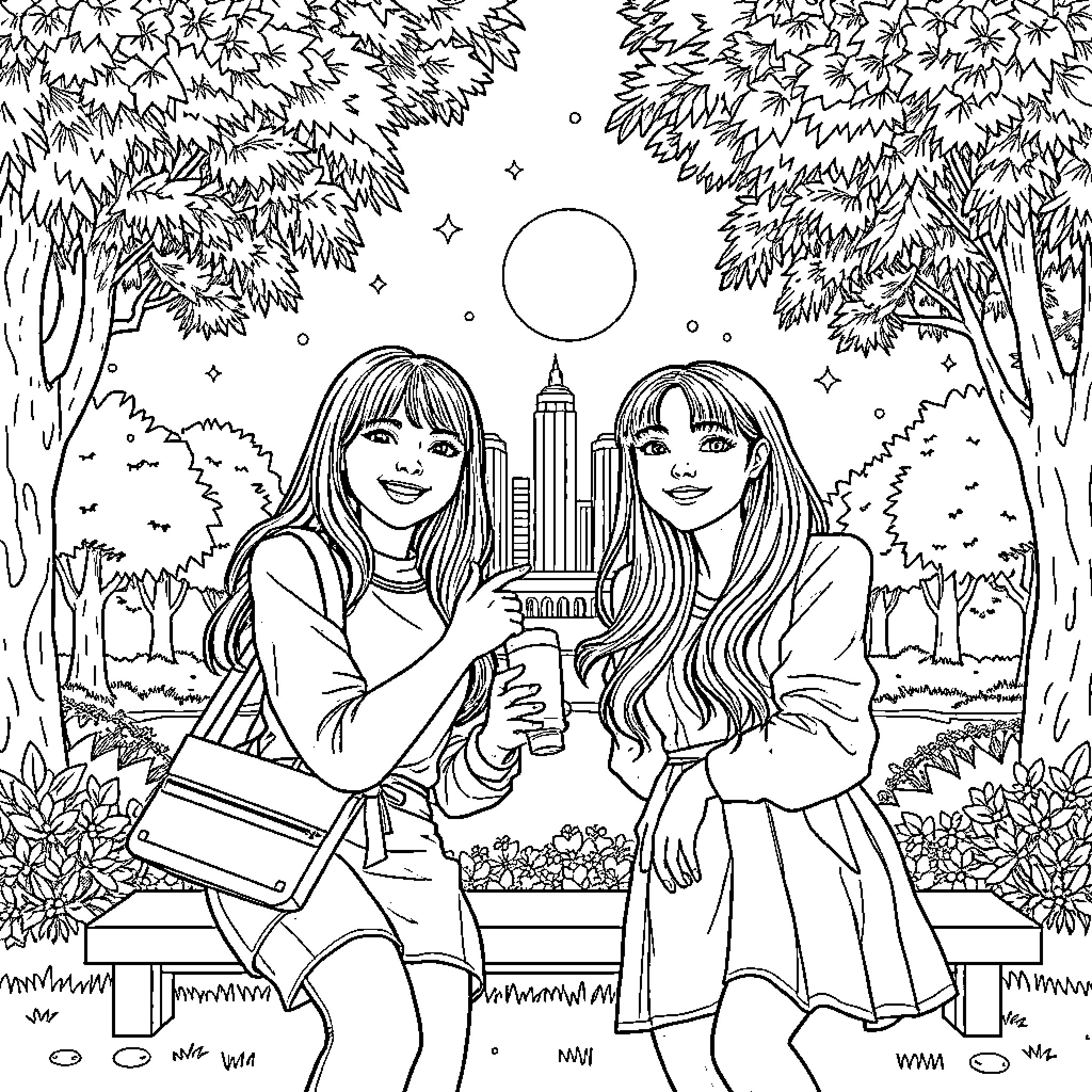 K Pop Duo in Stylish Outfits Exploring Urban Landscape Coloring Page (free black-and-white line drawing printable PDF for all, from beginners to advanced learners, including children, teens, adults, and seniors)