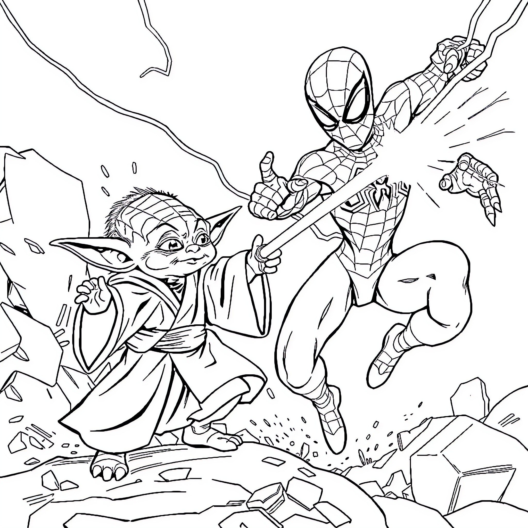 Yoda and Spider-Man fighting against the forces of evil Coloring Page (free black-and-white line drawing printable PDF for all, from beginners to advanced learners, including children, teens, adults, and seniors)