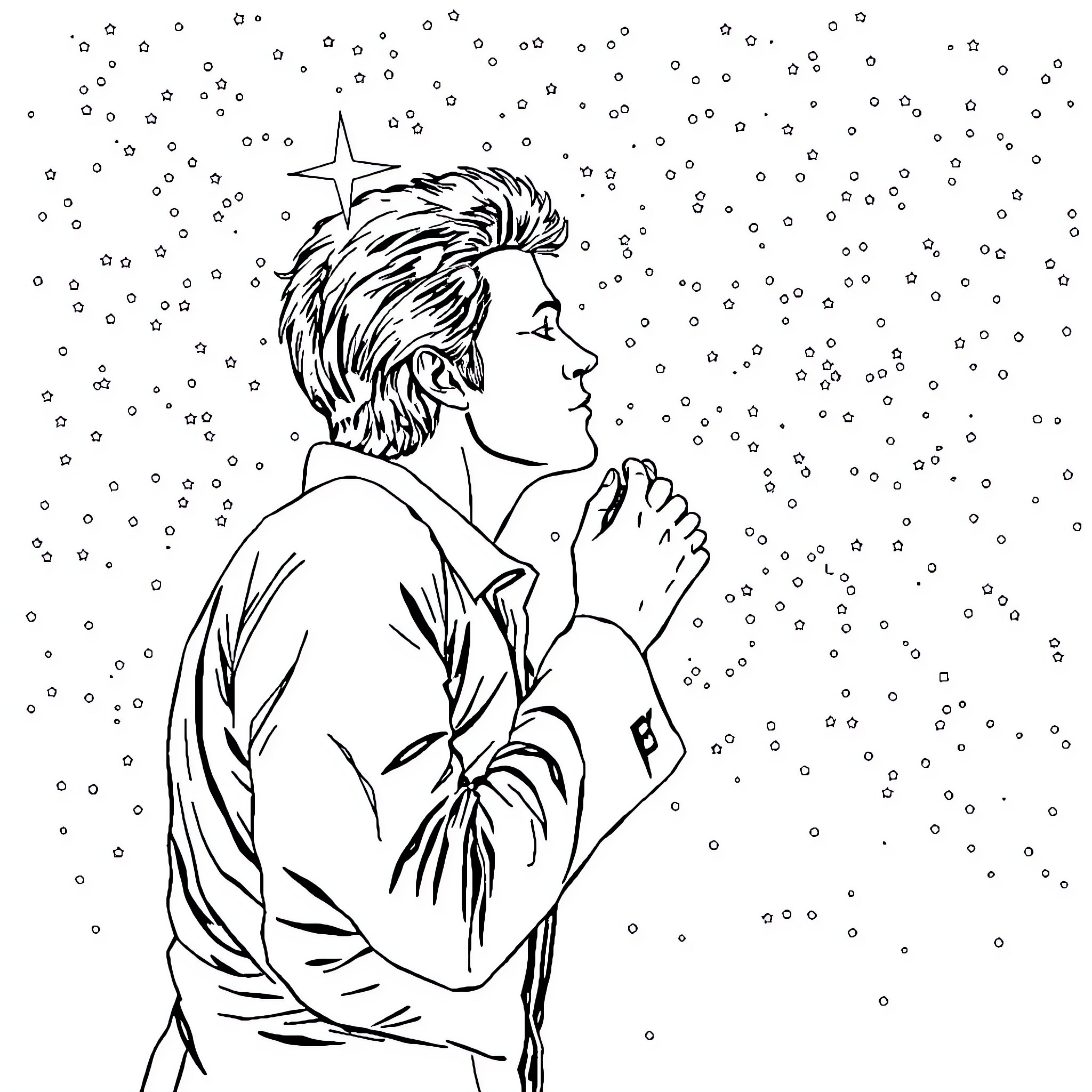 David Bowie gazing at the starry night sky Coloring Page (free black-and-white line drawing printable PDF for all, from beginners to advanced learners, including children, teens, adults, and seniors)
