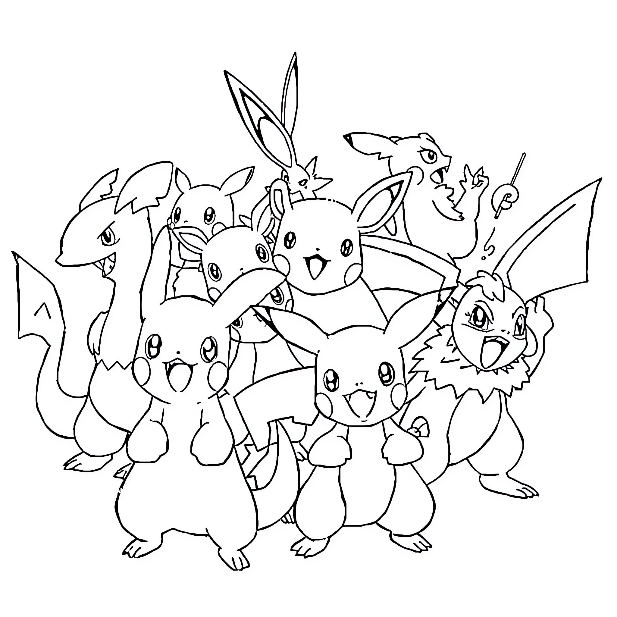 Pokémon characters gathered in a group Coloring Page (free black-and-white line drawing printable PDF for all, from beginners to advanced learners, including children, teens, adults, and seniors)