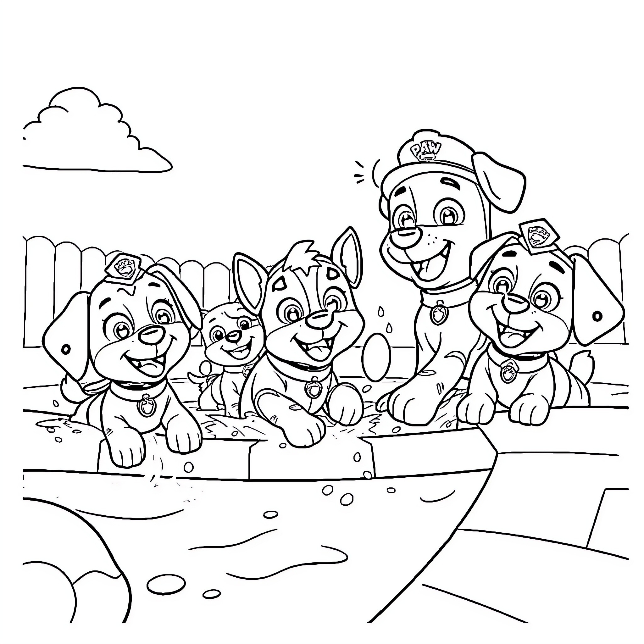 Paw Patrol characters playing happily together Coloring Page (free black-and-white line drawing printable PDF for all, from beginners to advanced learners, including children, teens, adults, and seniors)