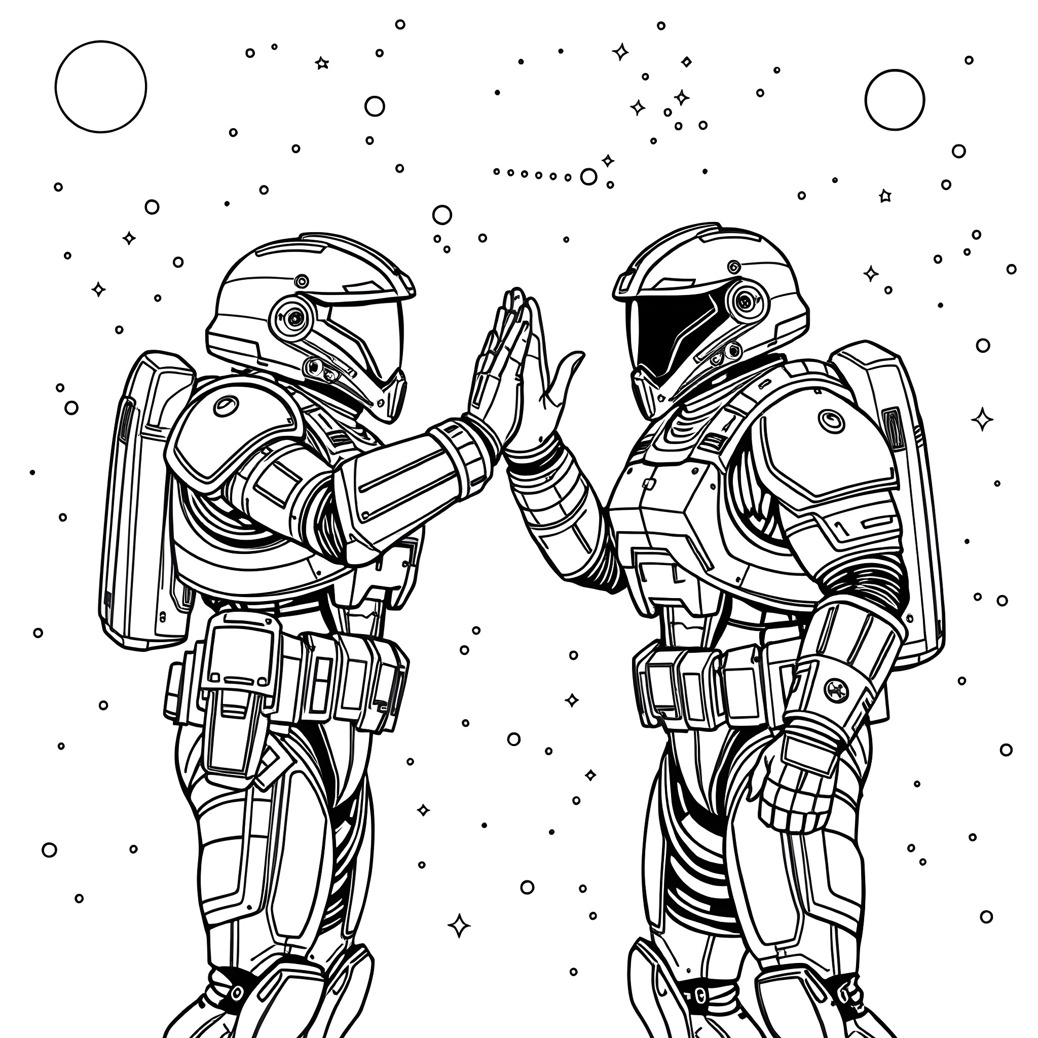 Space Marines Saluting in Futuristic Sci-Fi Setting Coloring Page (free black-and-white line drawing printable PDF for all, from beginners to advanced learners, including children, teens, adults, and seniors)