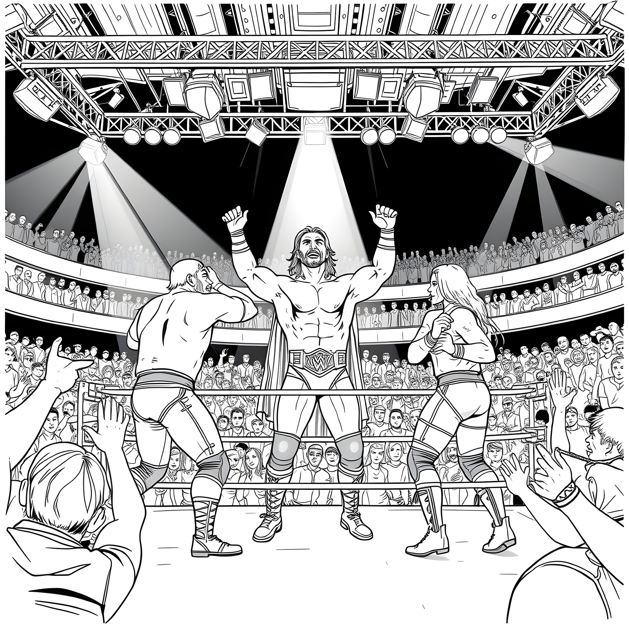 WWE Wrestlers Performing Energetic Match in the Ring Coloring Page (free black-and-white line drawing printable PDF for all, from beginners to advanced learners, including children, teens, adults, and seniors)