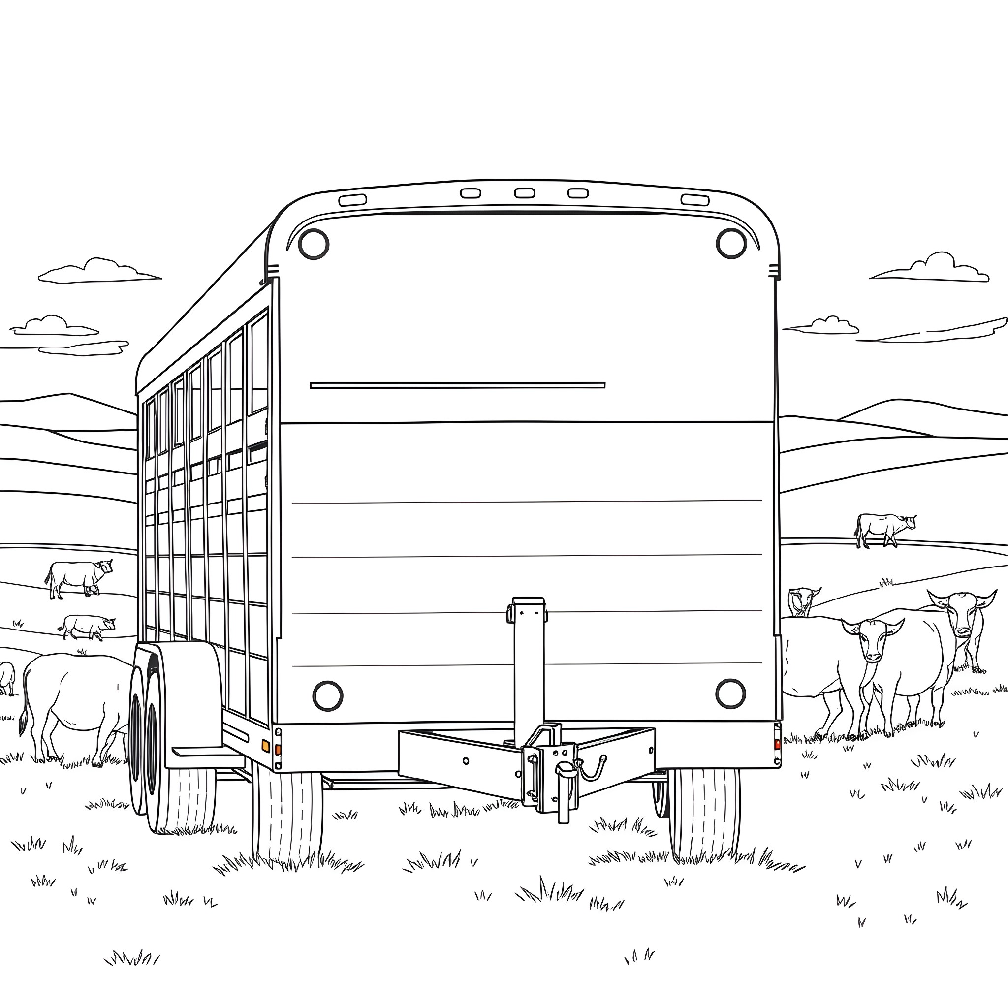 Gooseneck Trailer in a rural landscape Coloring Page (free black-and-white line drawing printable PDF for all, from beginners to advanced learners, including children, teens, adults, and seniors)