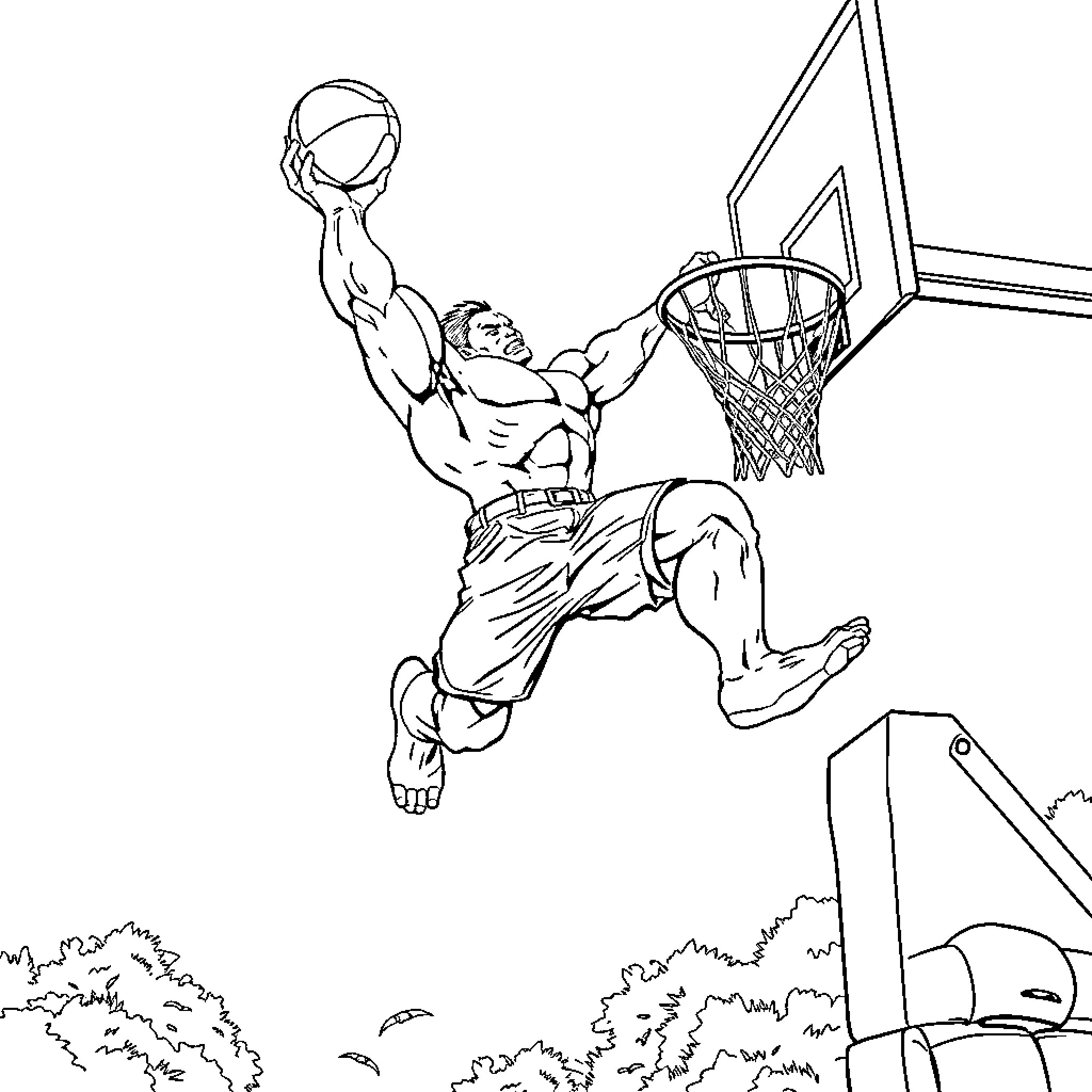 Hulk Dunking Basketball With Ferocity Coloring Page (free black-and-white line drawing printable PDF for all, from beginners to advanced learners, including children, teens, adults, and seniors)