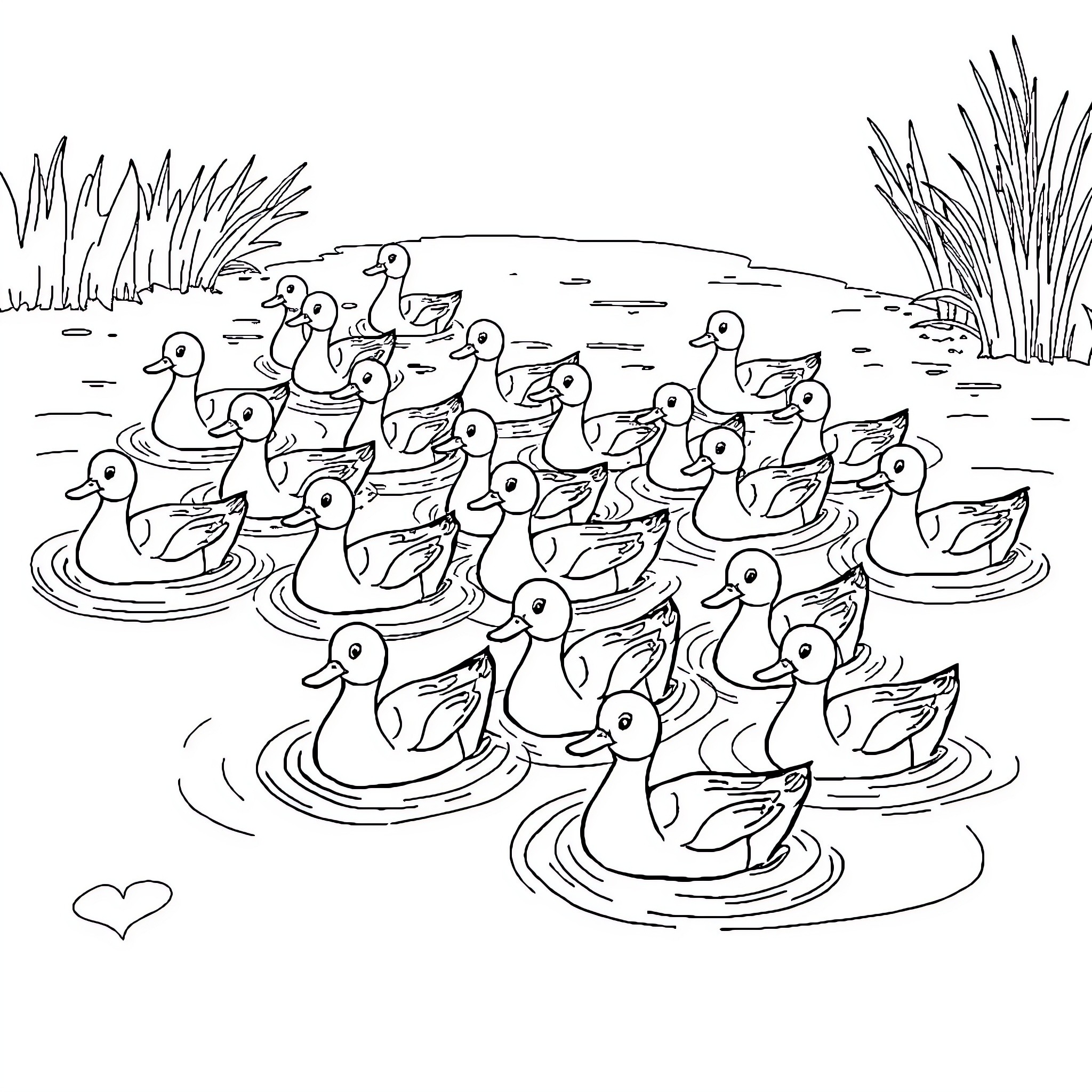 Duck family swimming peacefully in the pond Coloring Page (free black-and-white line drawing printable PDF for all, from beginners to advanced learners, including children, teens, adults, and seniors)