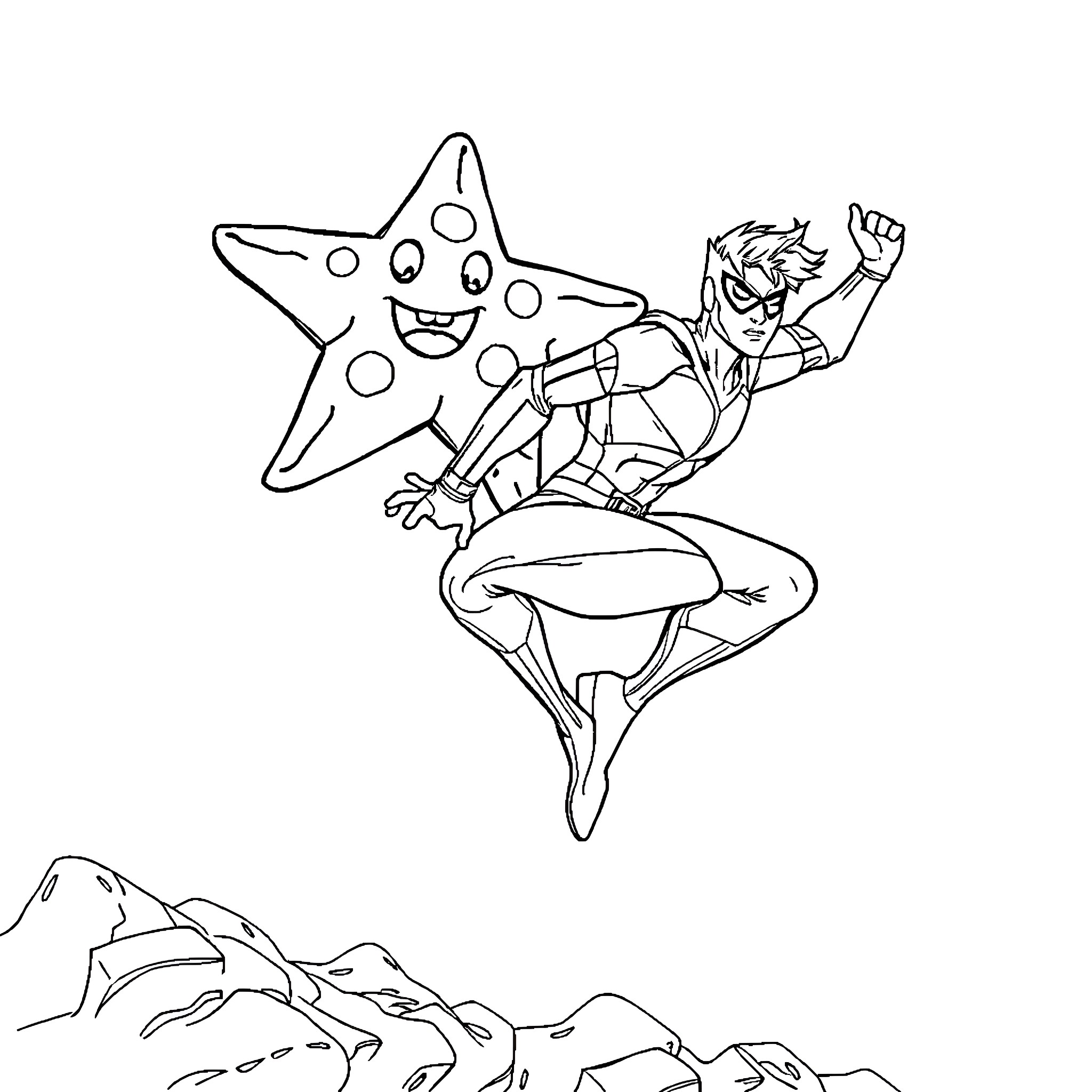 Starfish superhero soaring over rocky landscape Coloring Page (free black-and-white line drawing printable PDF for all, from beginners to advanced learners, including children, teens, adults, and seniors)