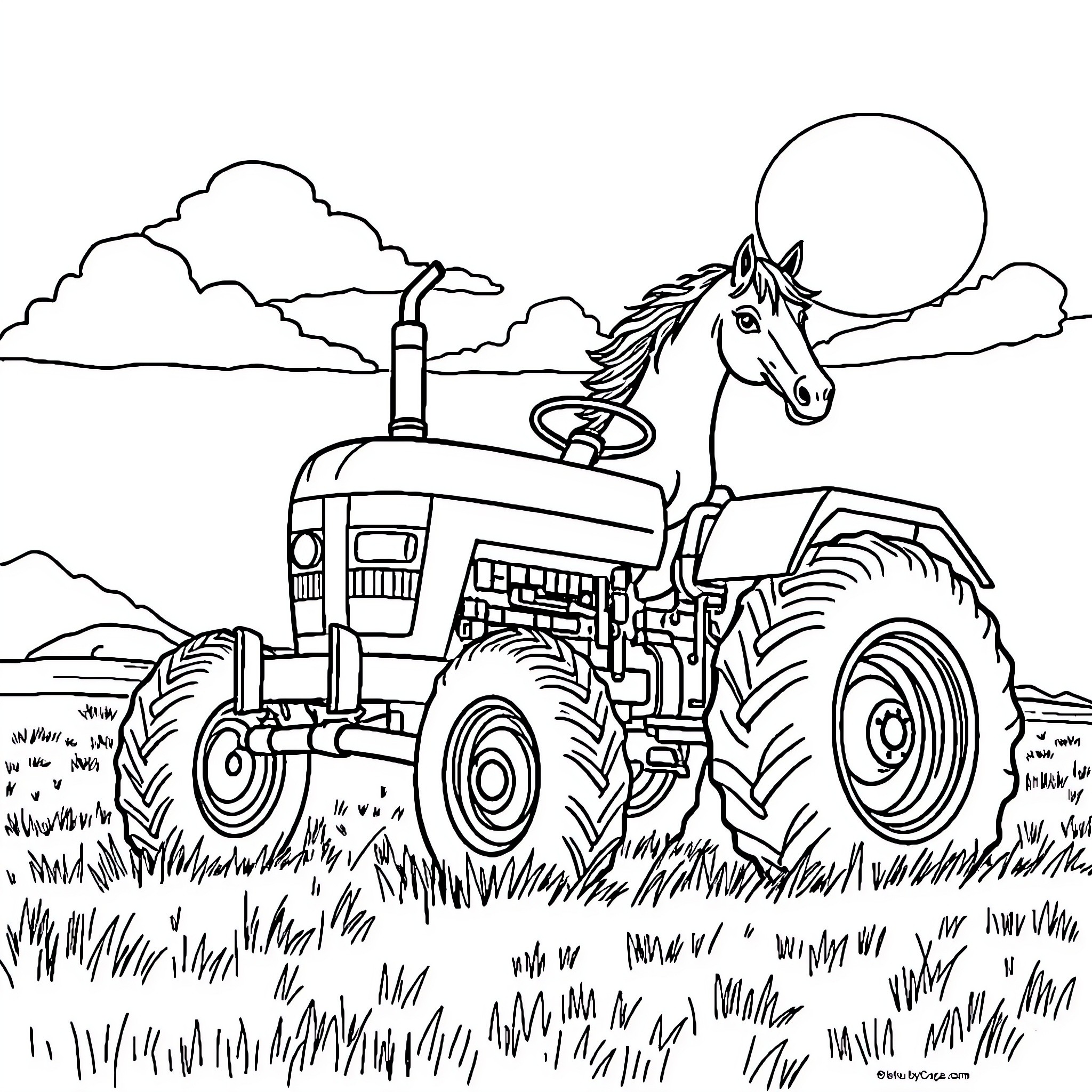 Horse riding on a tractor in the countryside Coloring Page (free black-and-white line drawing printable PDF for all, from beginners to advanced learners, including children, teens, adults, and seniors)