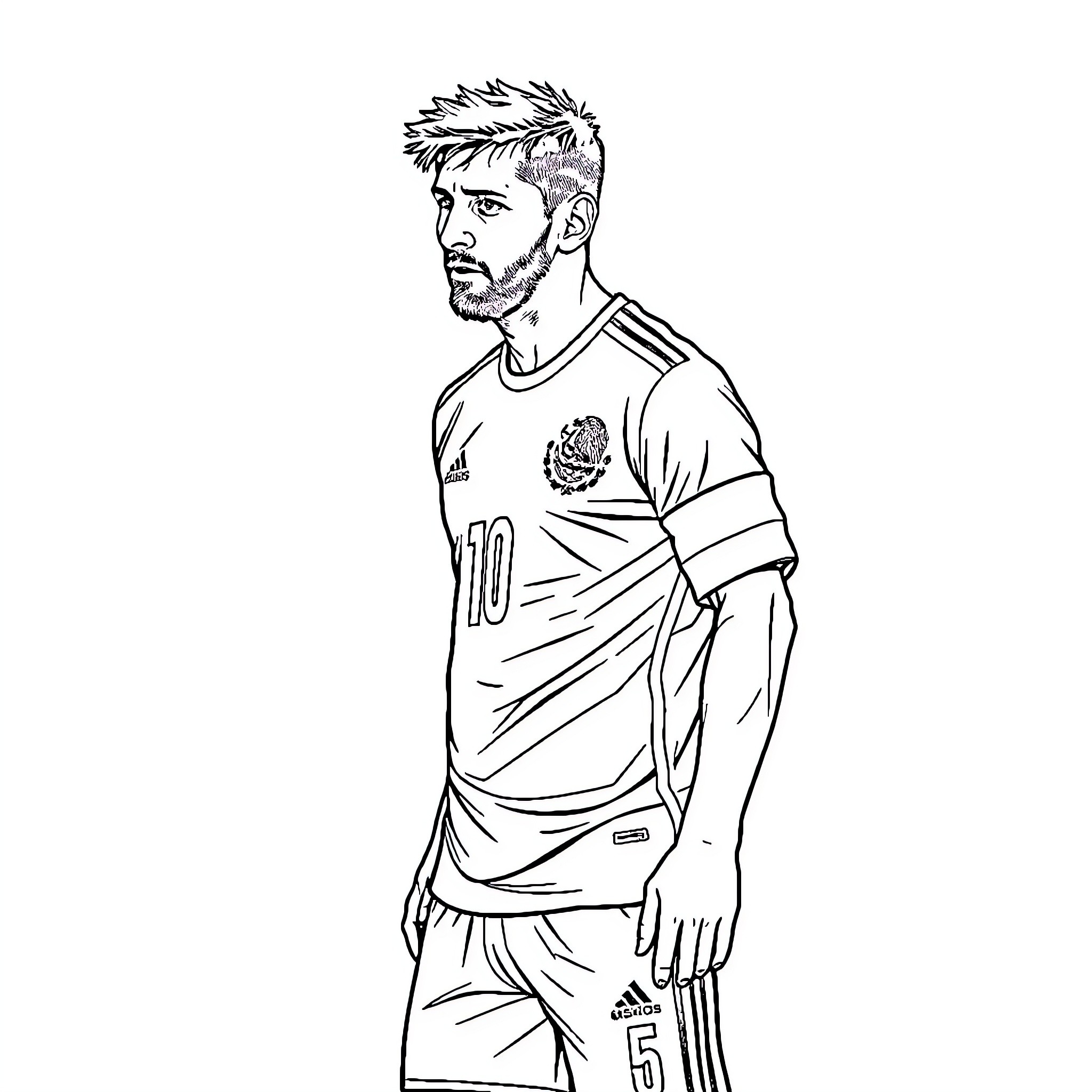 Lionel Messi in soccer uniform posing confidently Coloring Page (free black-and-white line drawing printable PDF for all, from beginners to advanced learners, including children, teens, adults, and seniors)