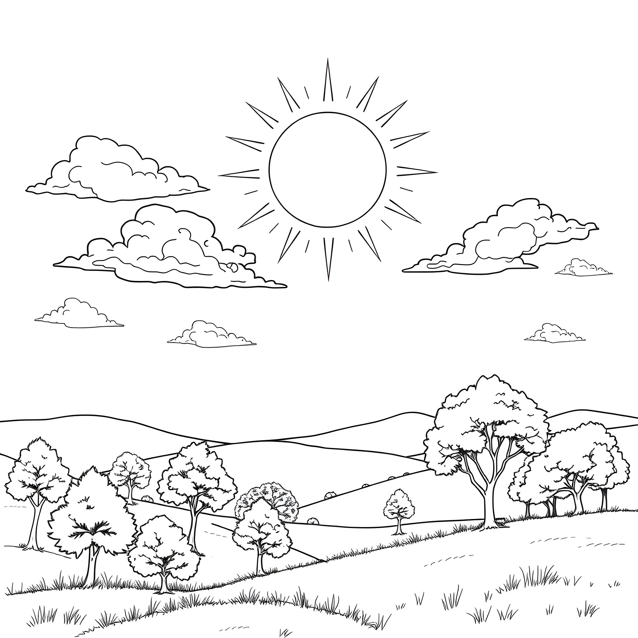 Sun shining over scenic countryside landscape Coloring Page (free black-and-white line drawing printable PDF for all, from beginners to advanced learners, including children, teens, adults, and seniors)