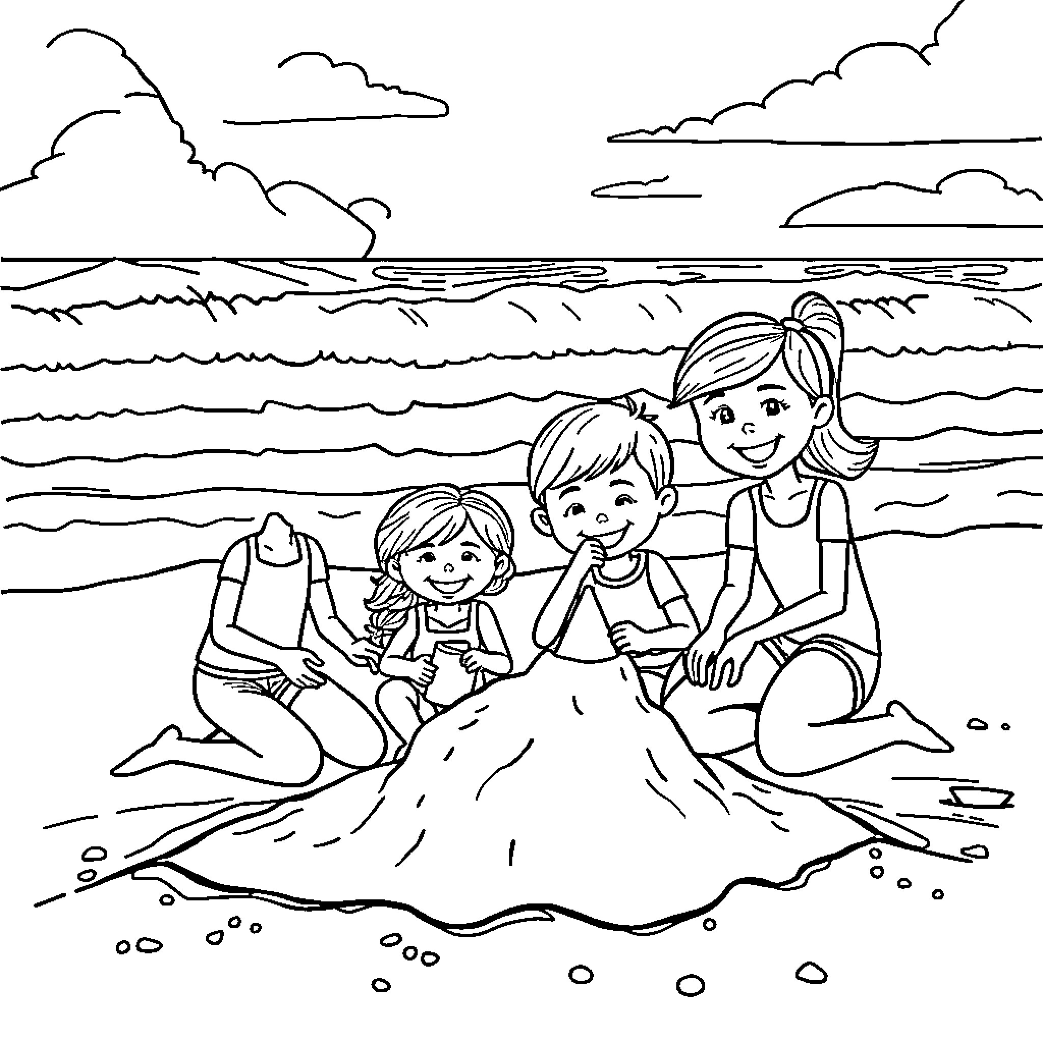 Family Enjoying a Day at the Beach Coloring Page (free black-and-white line drawing printable PDF for all, from beginners to advanced learners, including children, teens, adults, and seniors)