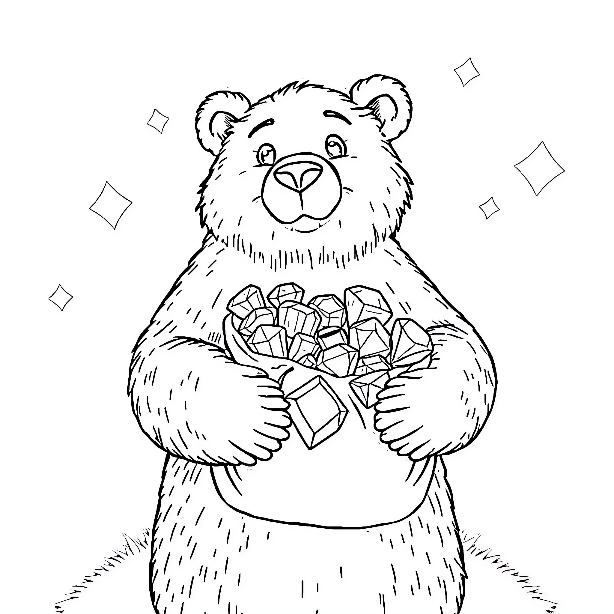 Bear holding a bundle of crystals Coloring Page (free black-and-white line drawing printable PDF for all, from beginners to advanced learners, including children, teens, adults, and seniors)