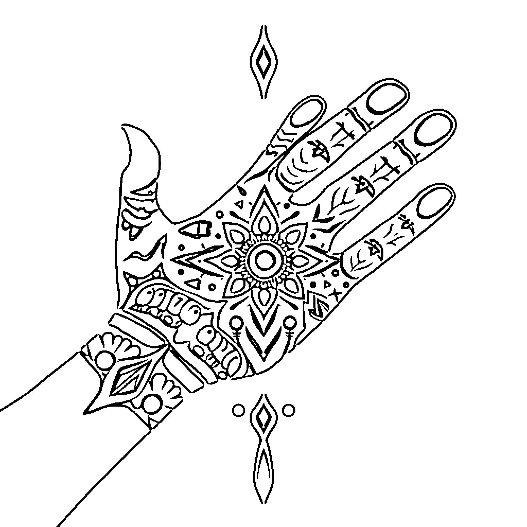 Hand adorned with intricate mandala designs Coloring Page (free black-and-white line drawing printable PDF for all, from beginners to advanced learners, including children, teens, adults, and seniors)