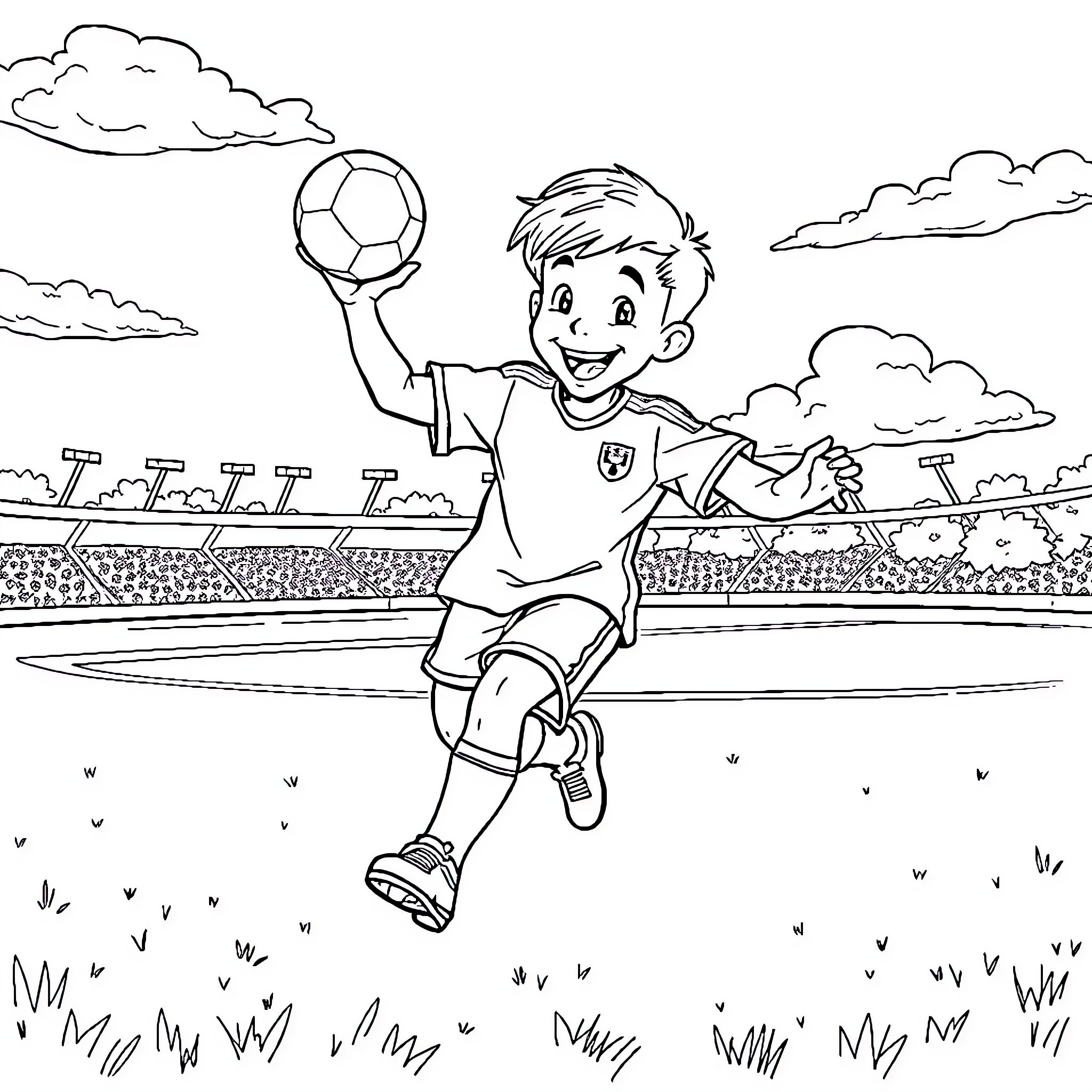 Joyful Athlete Celebrates Victory on Field Coloring Page (free black-and-white line drawing printable PDF for all, from beginners to advanced learners, including children, teens, adults, and seniors)