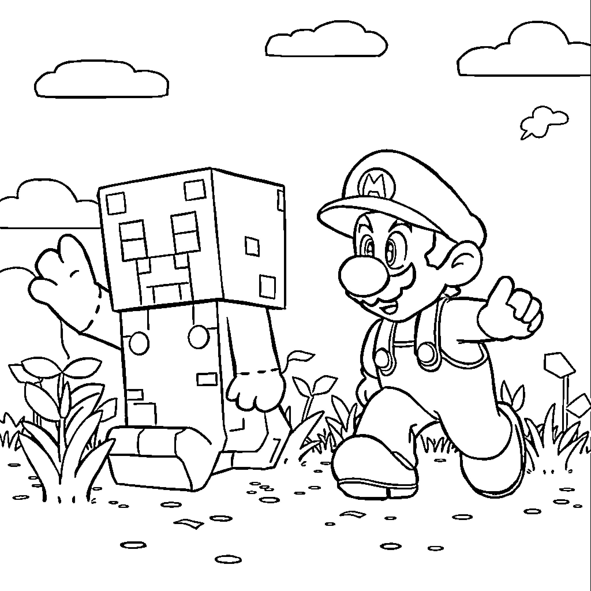 Creeper sneaks up behind cheerful plumber in the city Coloring Page (free black-and-white line drawing printable PDF for all, from beginners to advanced learners, including children, teens, adults, and seniors)