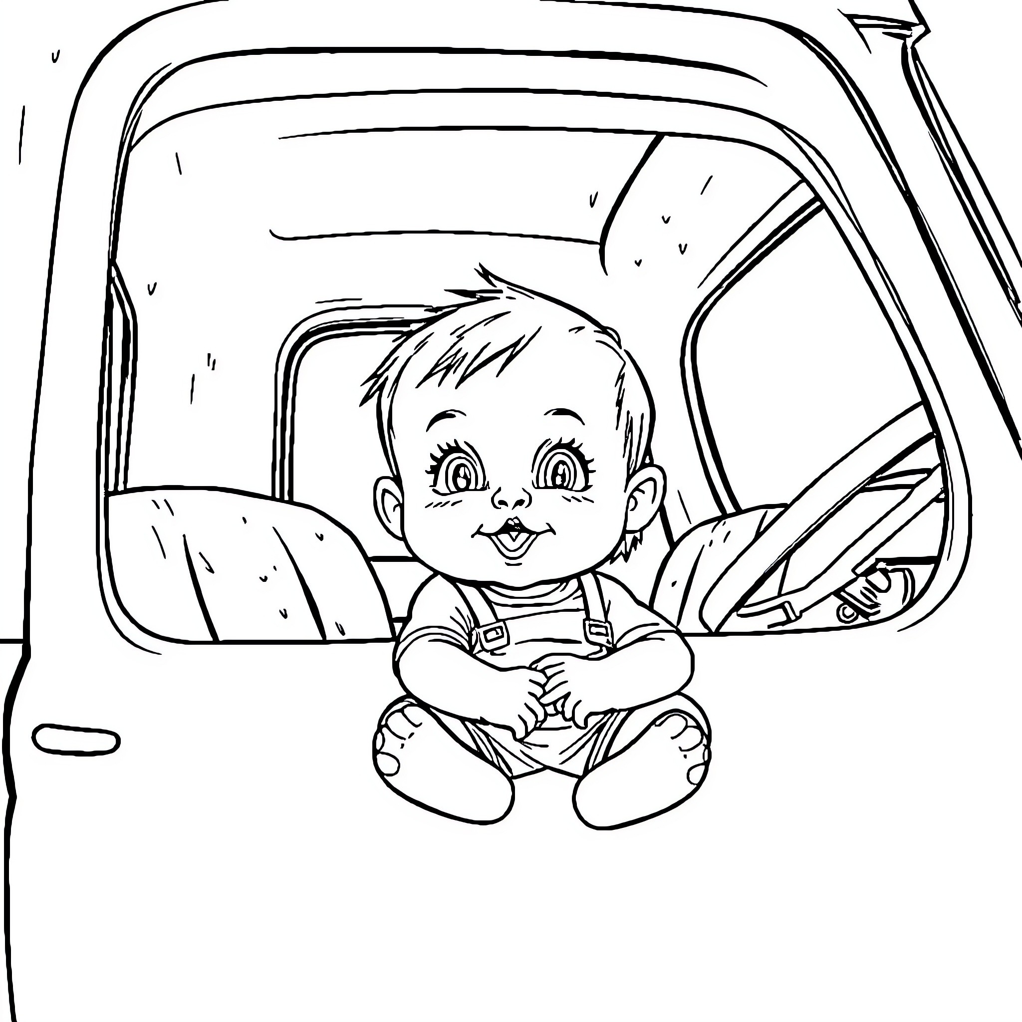 Baby sitting happily in the car Coloring Page (free black-and-white line drawing printable PDF for all, from beginners to advanced learners, including children, teens, adults, and seniors)