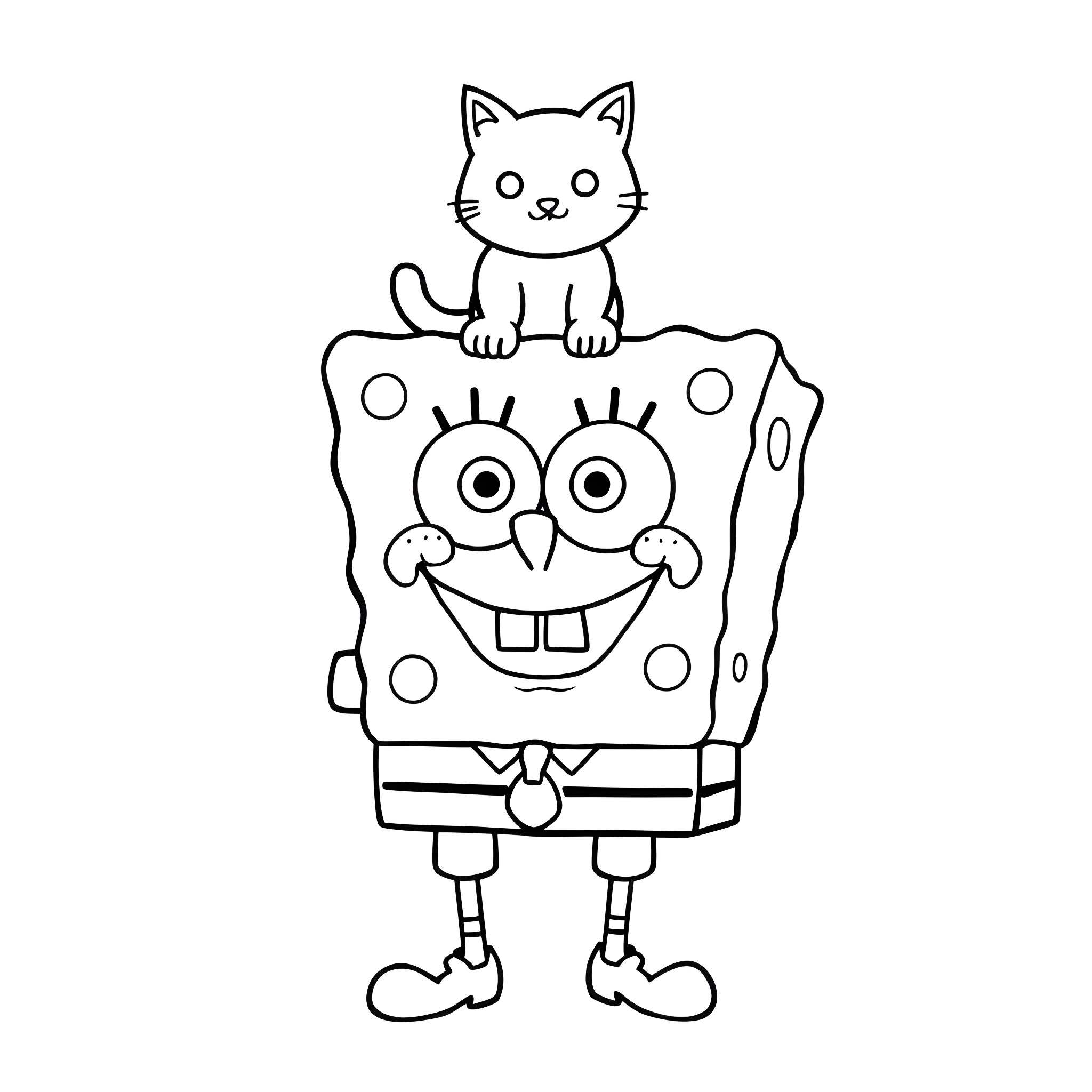 Spongebob with a playful cat on his head Coloring Page (free black-and-white line drawing printable PDF for all, from beginners to advanced learners, including children, teens, adults, and seniors)