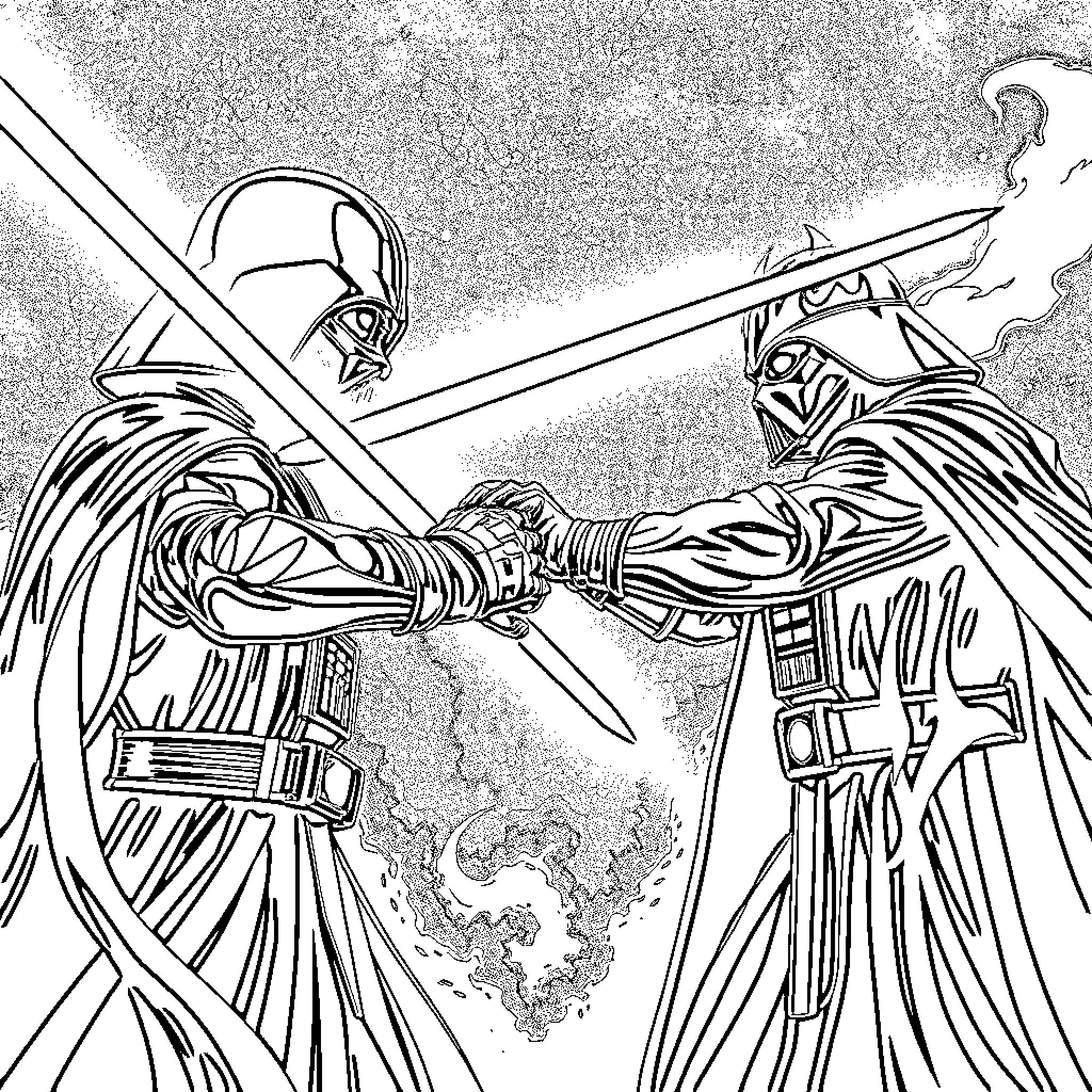 Darth Vader Dueling with Lightsabers Coloring Page (free black-and-white line drawing printable PDF for all, from beginners to advanced learners, including children, teens, adults, and seniors)