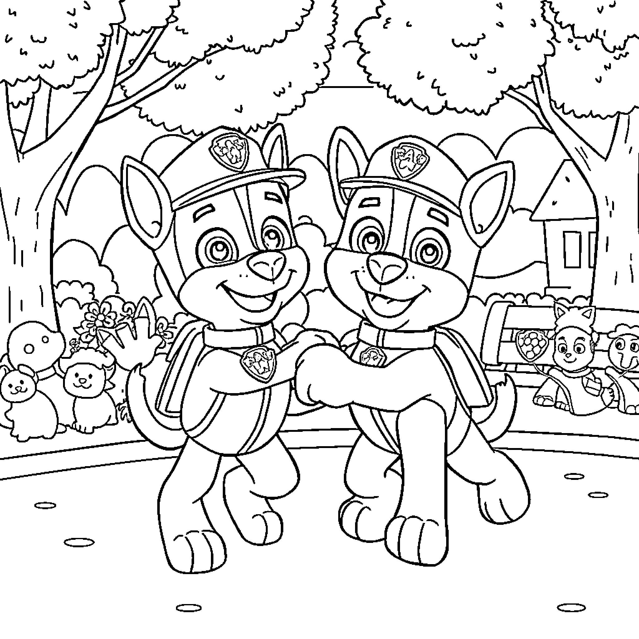 Paw Patrol characters in an outdoor adventure scene Coloring Page (free black-and-white line drawing printable PDF for all, from beginners to advanced learners, including children, teens, adults, and seniors)