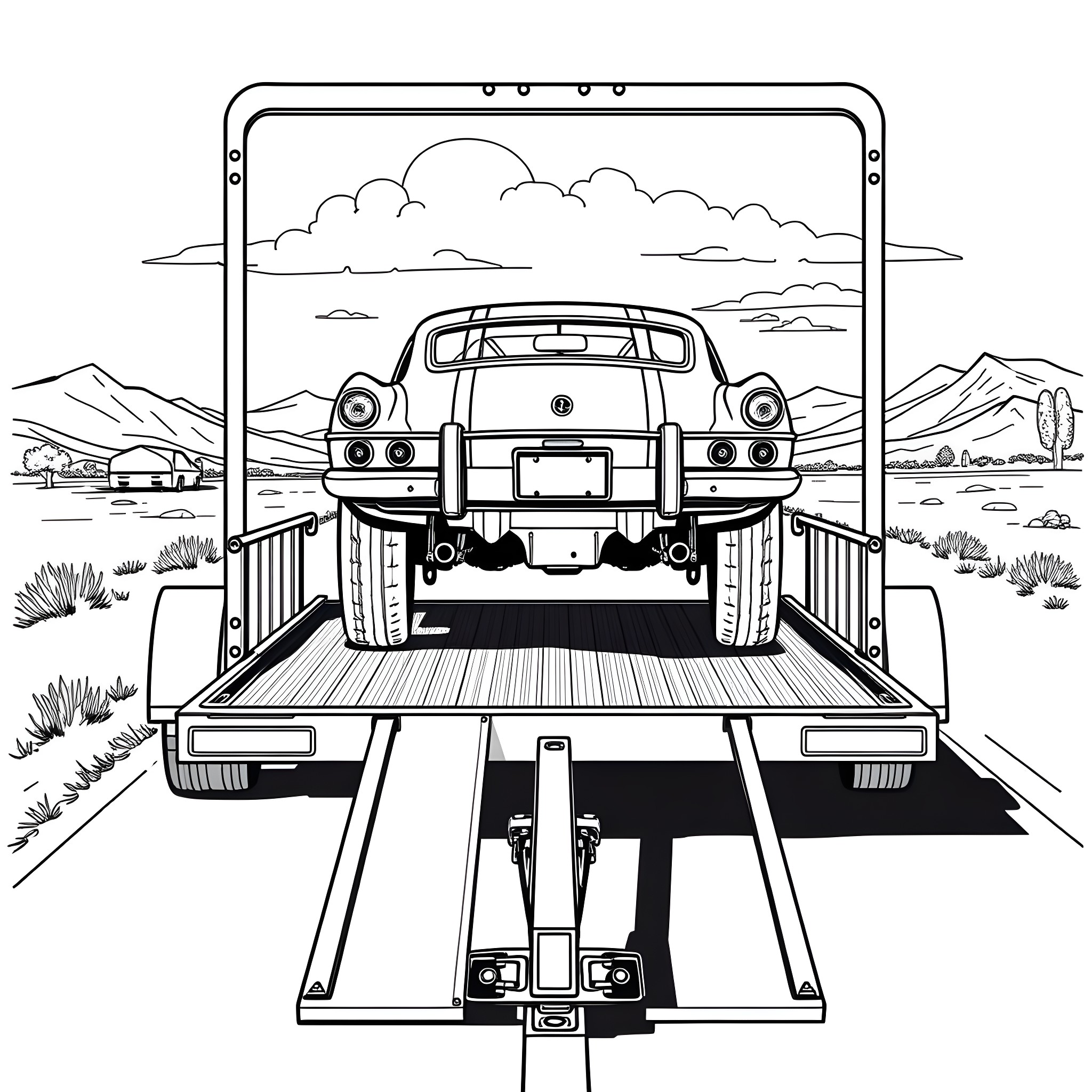 Car Trailer Transporting a Vintage Sports Car Coloring Page (free black-and-white line drawing printable PDF for all, from beginners to advanced learners, including children, teens, adults, and seniors)
