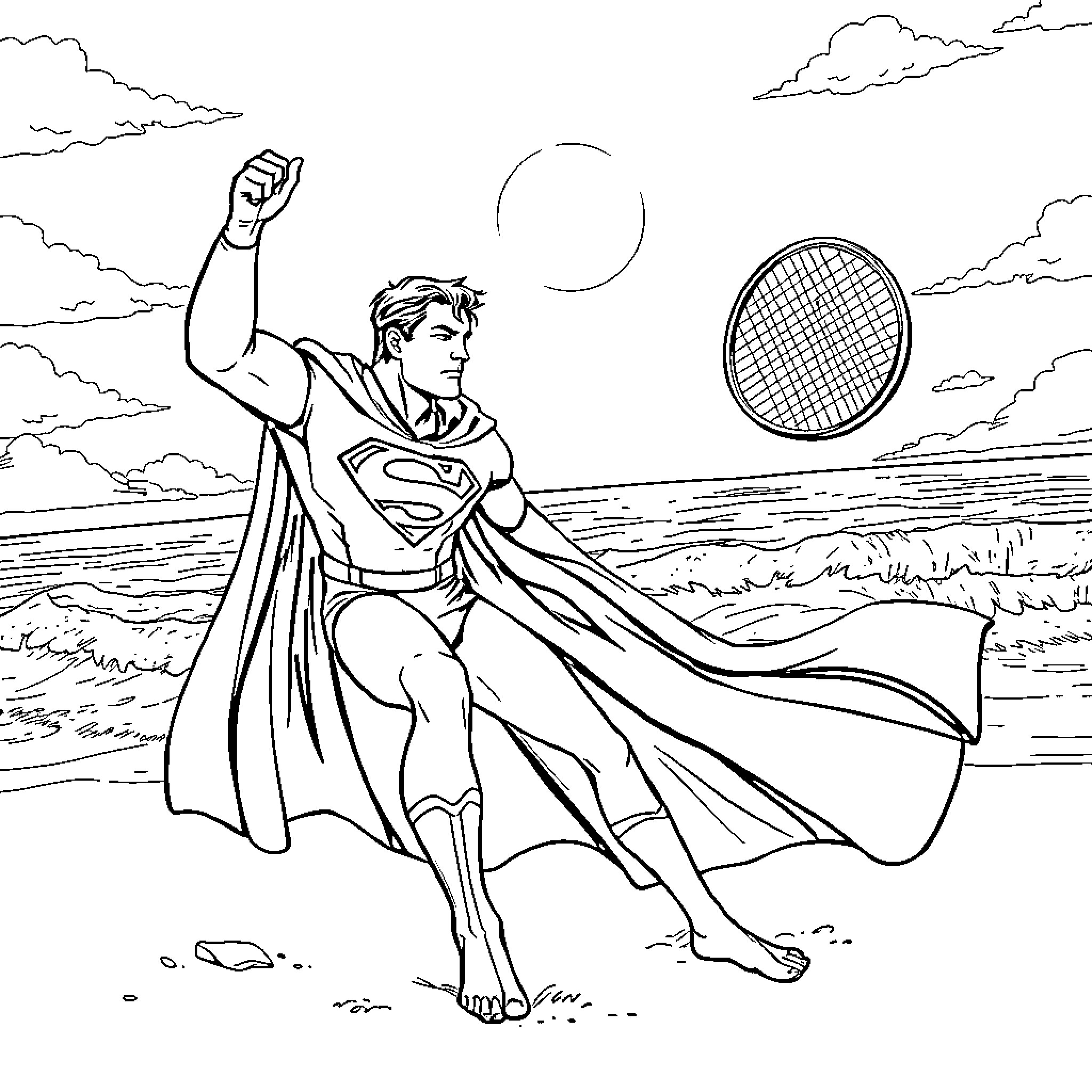 Superman on the beach with tennis racket Coloring Page (free black-and-white line drawing printable PDF for all, from beginners to advanced learners, including children, teens, adults, and seniors)