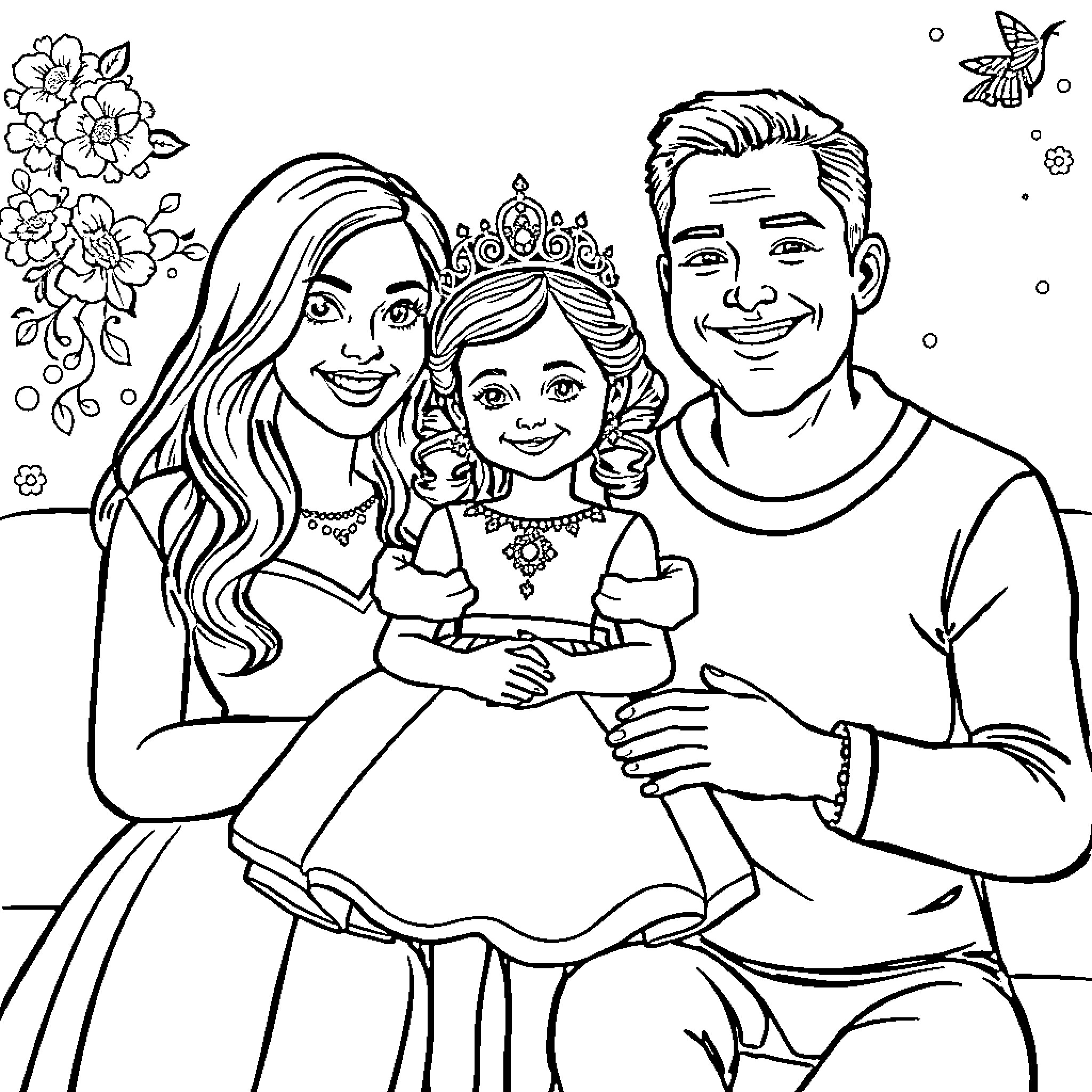 Princess Family Portrait with Flowers and Butterflies Coloring Page (free black-and-white line drawing printable PDF for all, from beginners to advanced learners, including children, teens, adults, and seniors)