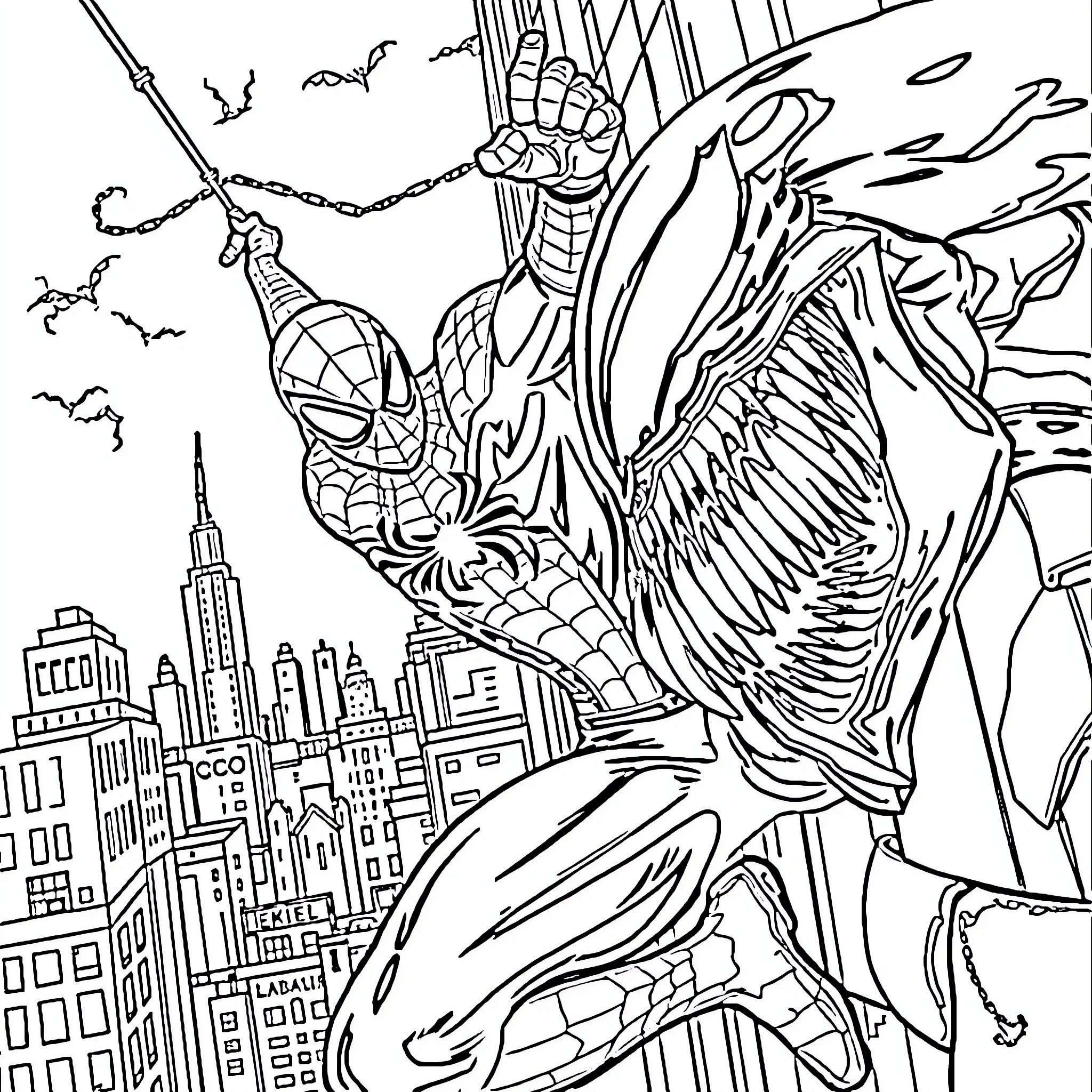 Spider-Man soaring through the city skyline Coloring Page (free black-and-white line drawing printable PDF for all, from beginners to advanced learners, including children, teens, adults, and seniors)