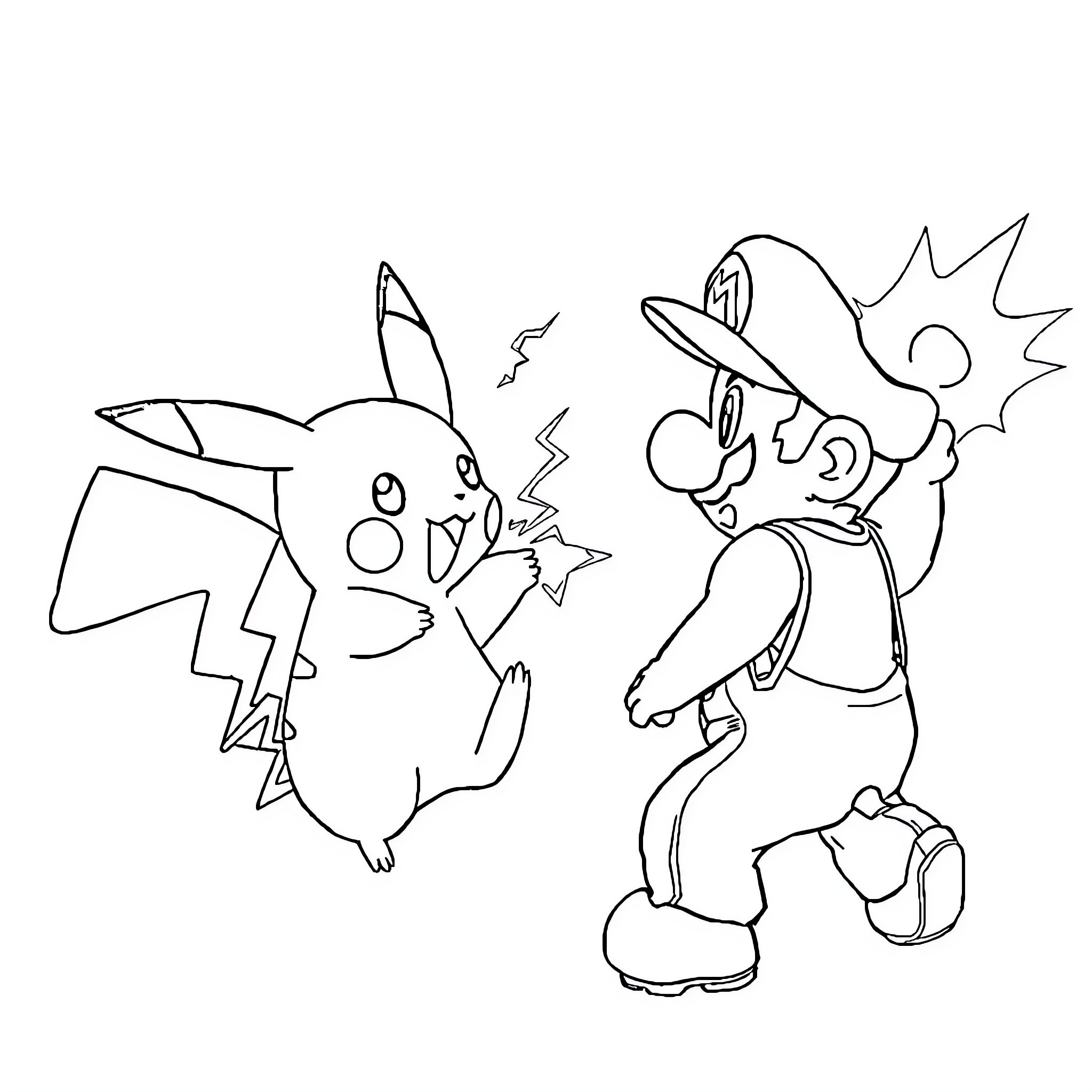 Pikachu and Mario in a playful encounter Coloring Page (free black-and-white line drawing printable PDF for all, from beginners to advanced learners, including children, teens, adults, and seniors)