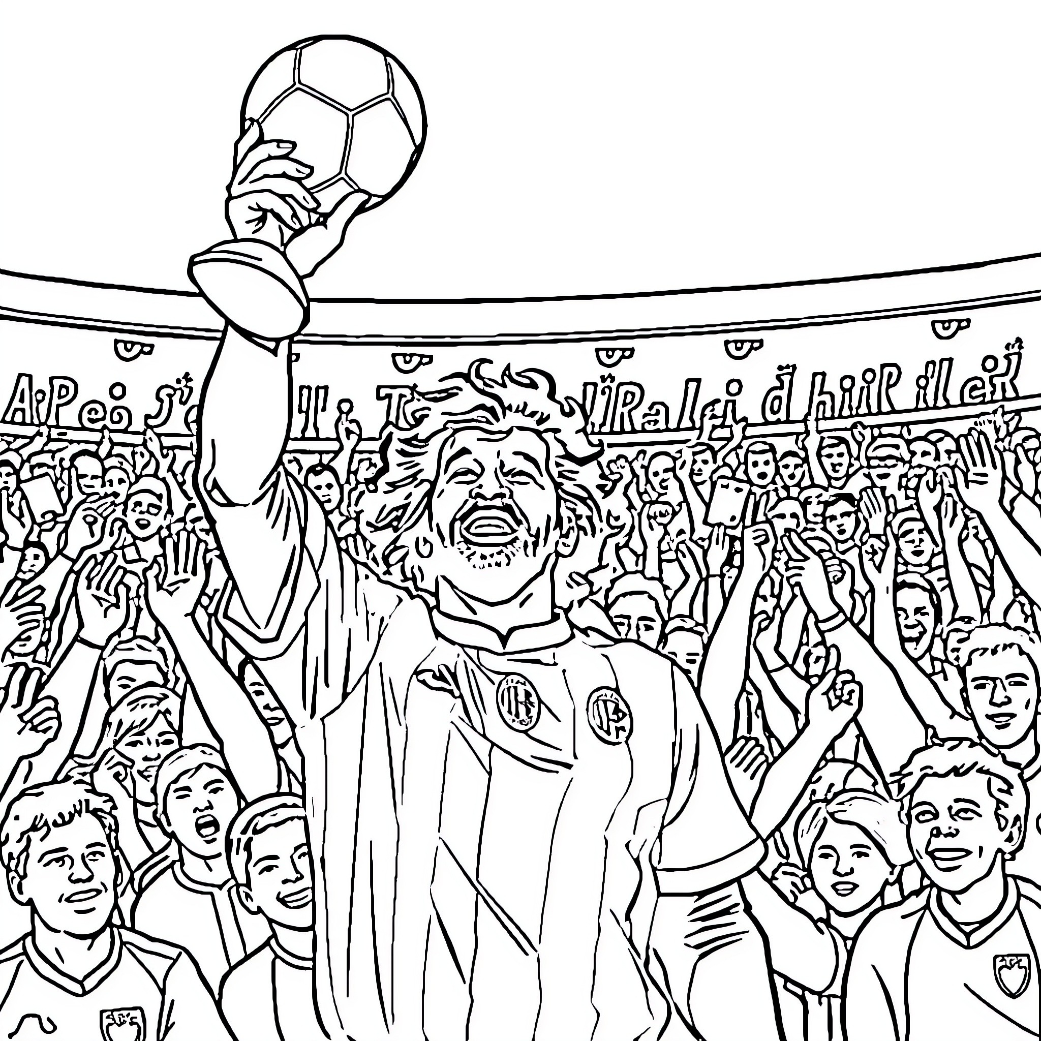 Ruud Gullit celebrating victory with enthusiastic fans Coloring Page (free black-and-white line drawing printable PDF for all, from beginners to advanced learners, including children, teens, adults, and seniors)