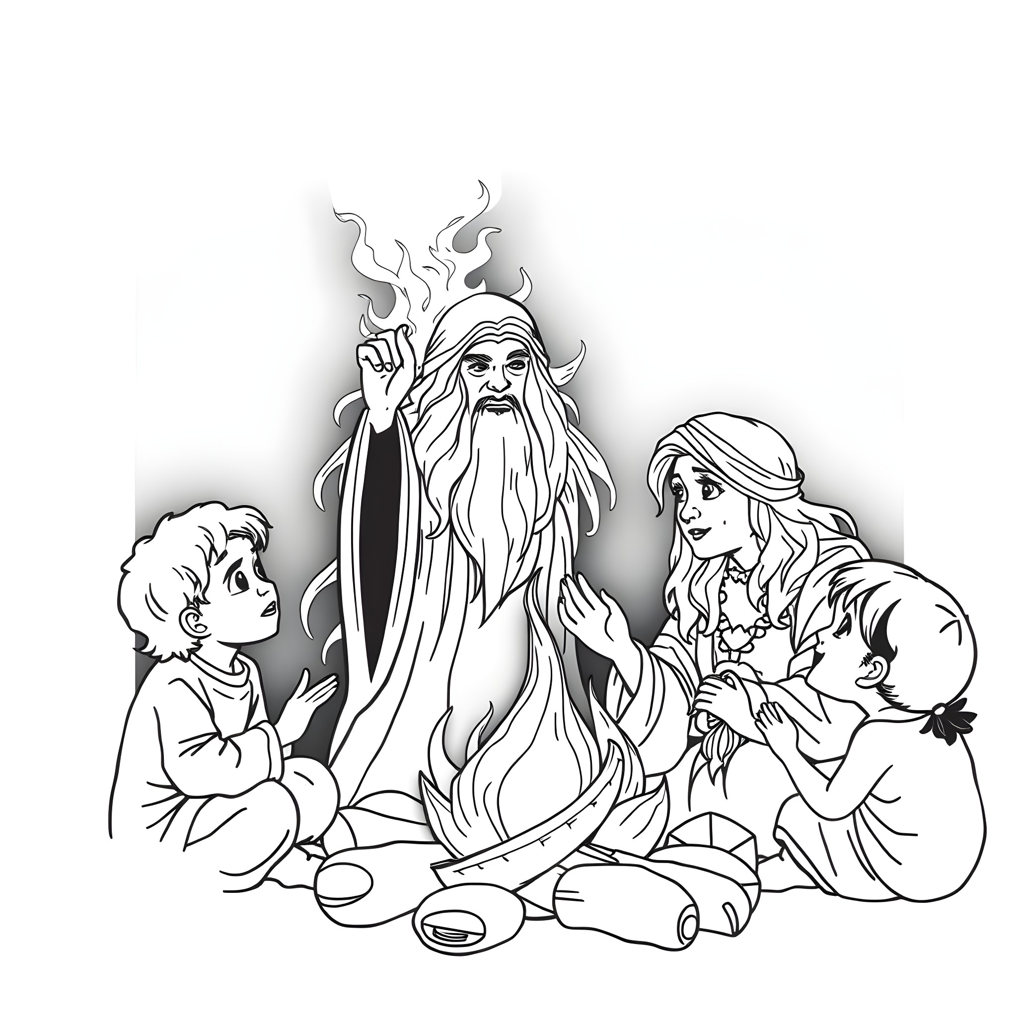 Spirit of the Wise Elder with Children Coloring Page (free black-and-white line drawing printable PDF for all, from beginners to advanced learners, including children, teens, adults, and seniors)