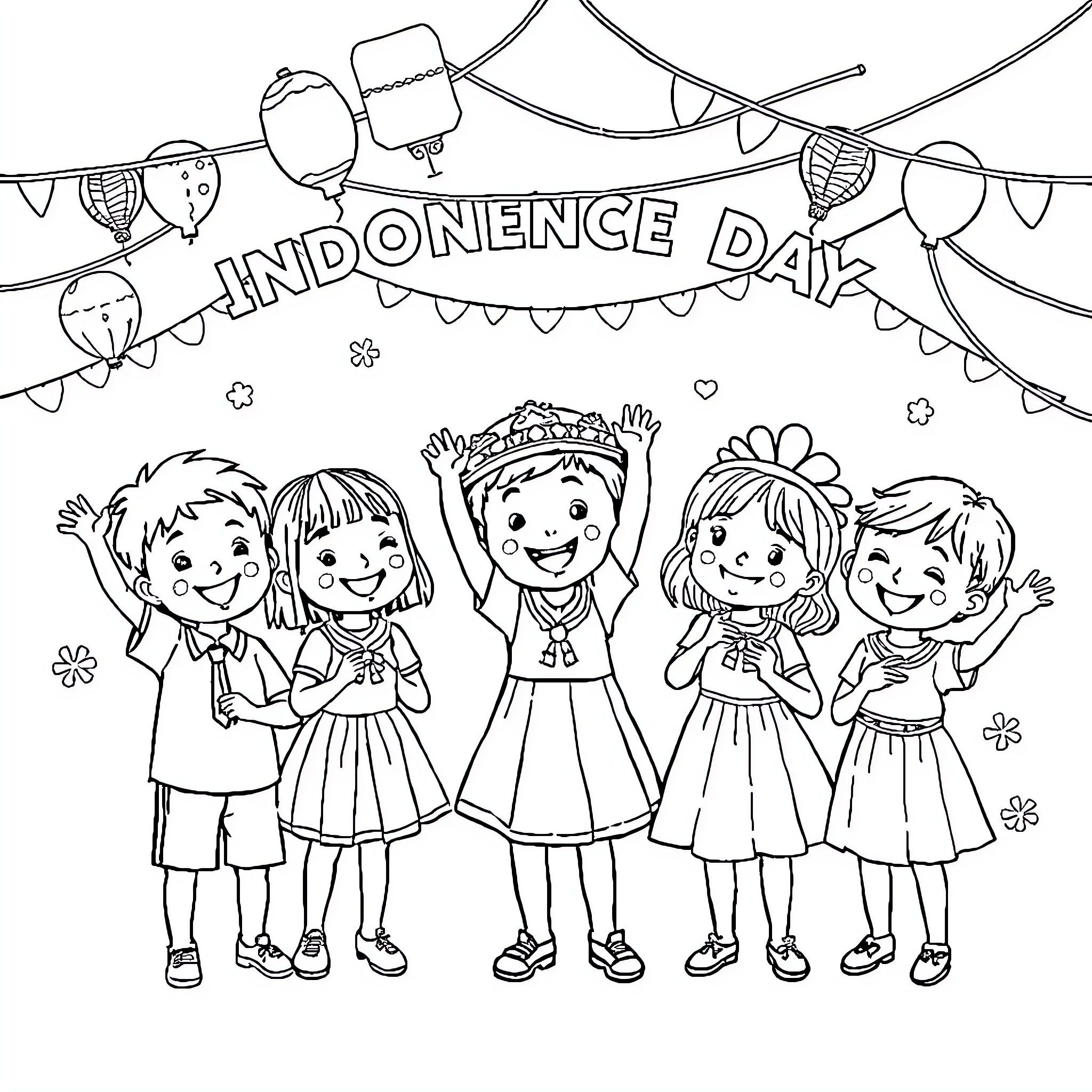 Children celebrating Indonesia Day with festive attire Coloring Page (free black-and-white line drawing printable PDF for all, from beginners to advanced learners, including children, teens, adults, and seniors)
