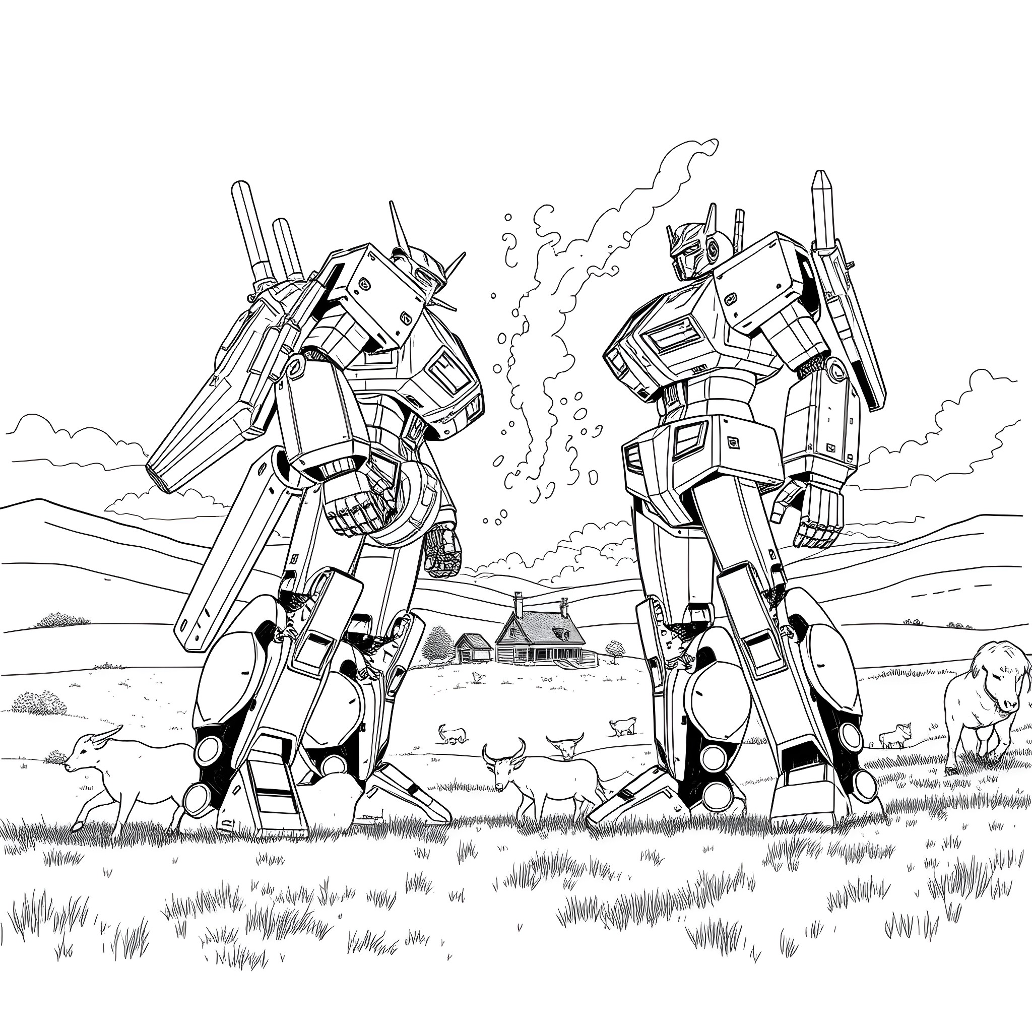 Robot warriors in epic battle on the battlefield Coloring Page (free black-and-white line drawing printable PDF for all, from beginners to advanced learners, including children, teens, adults, and seniors)