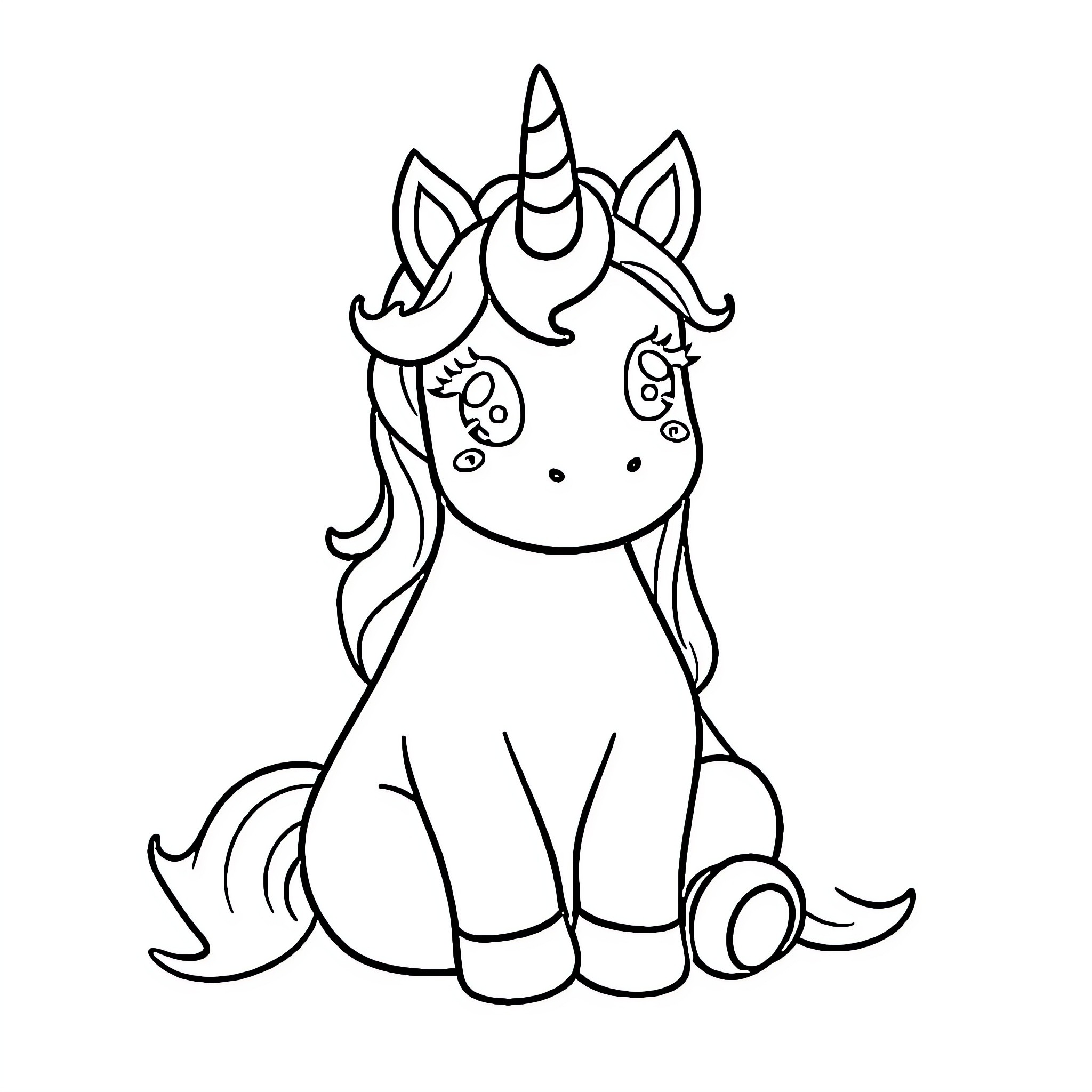 Unicorn sitting and gazing curiously Coloring Page (free black-and-white line drawing printable PDF for all, from beginners to advanced learners, including children, teens, adults, and seniors)