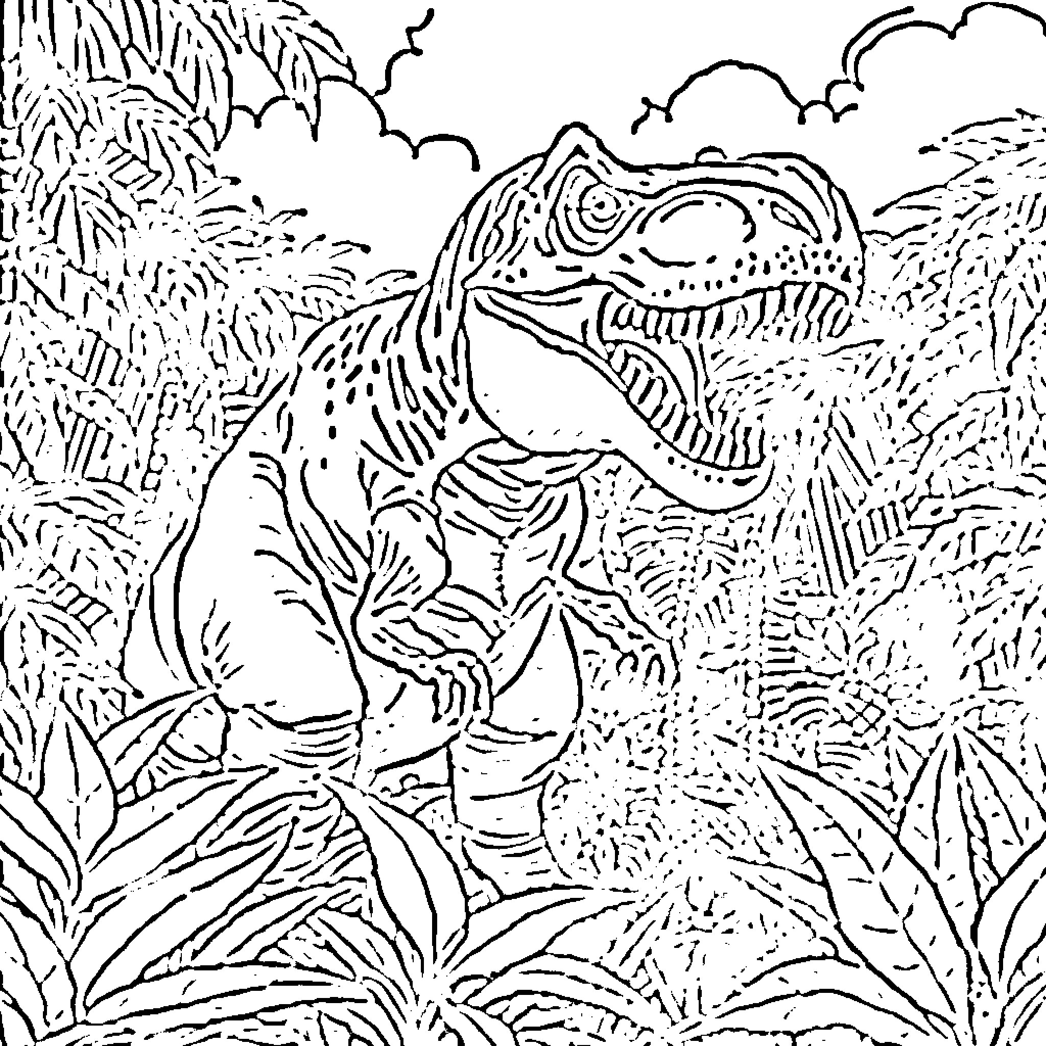 Dinosaur exploring the prehistoric jungle landscape Coloring Page (free black-and-white line drawing printable PDF for all, from beginners to advanced learners, including children, teens, adults, and seniors)