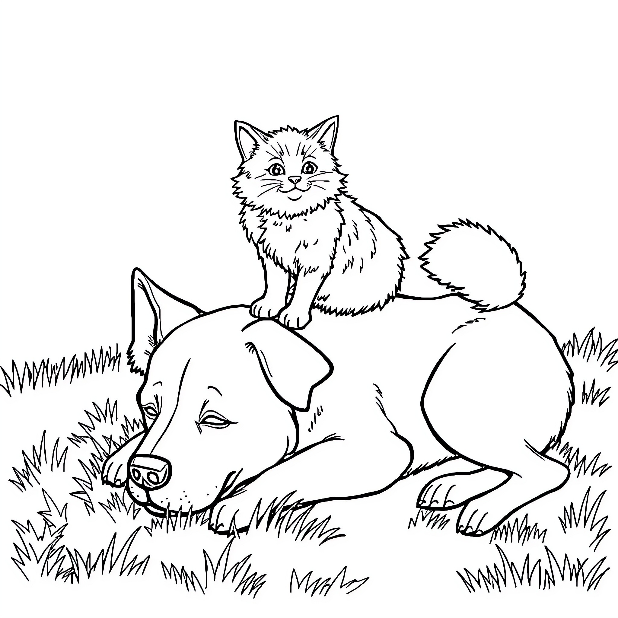 Dog and Cat Playing Together in the Grass Coloring Page (free black-and-white line drawing printable PDF for all, from beginners to advanced learners, including children, teens, adults, and seniors)
