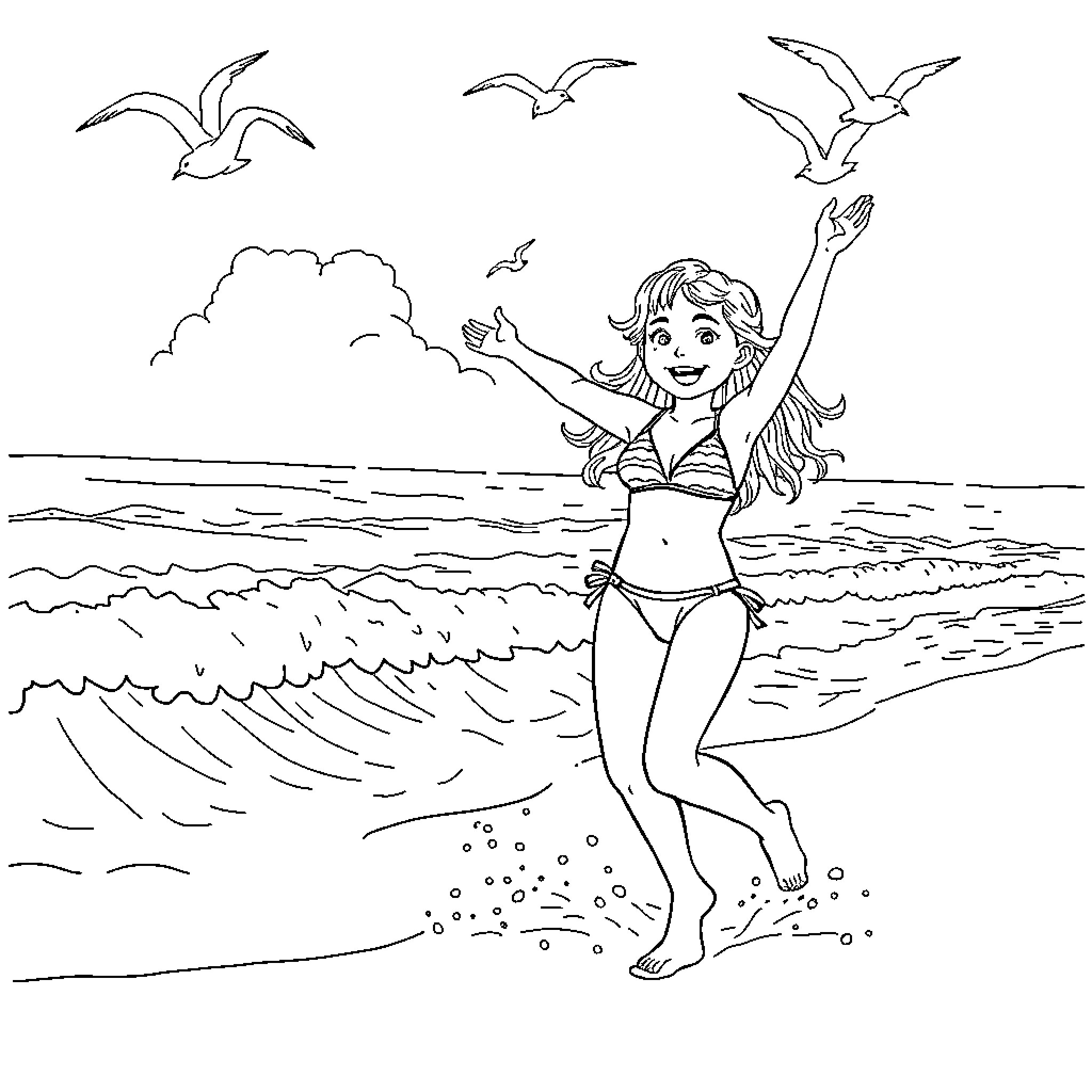 Girl playing joyfully at the beach Coloring Page (free black-and-white line drawing printable PDF for all, from beginners to advanced learners, including children, teens, adults, and seniors)