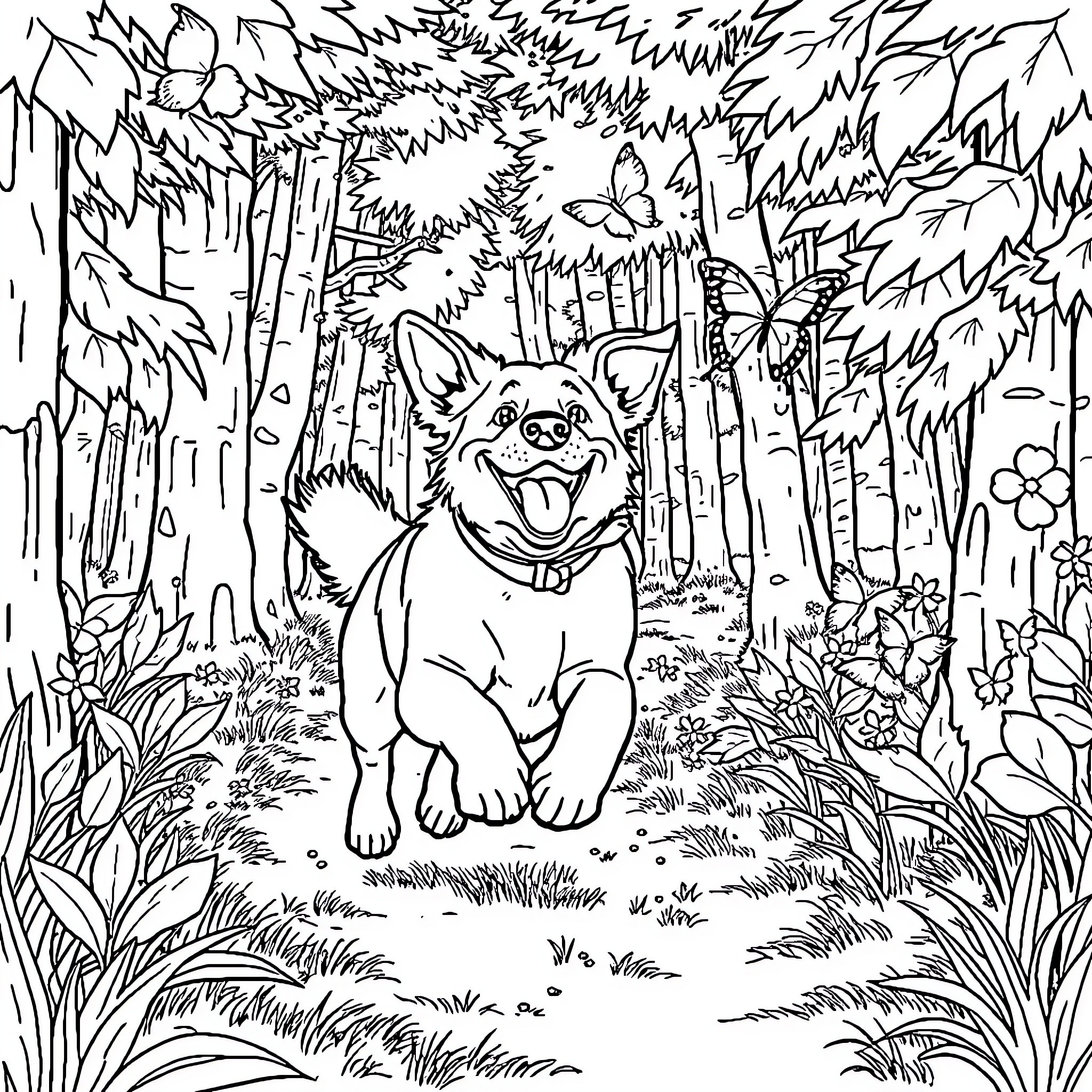 Dog exploring the enchanted forest Coloring Page (free black-and-white line drawing printable PDF for all, from beginners to advanced learners, including children, teens, adults, and seniors)