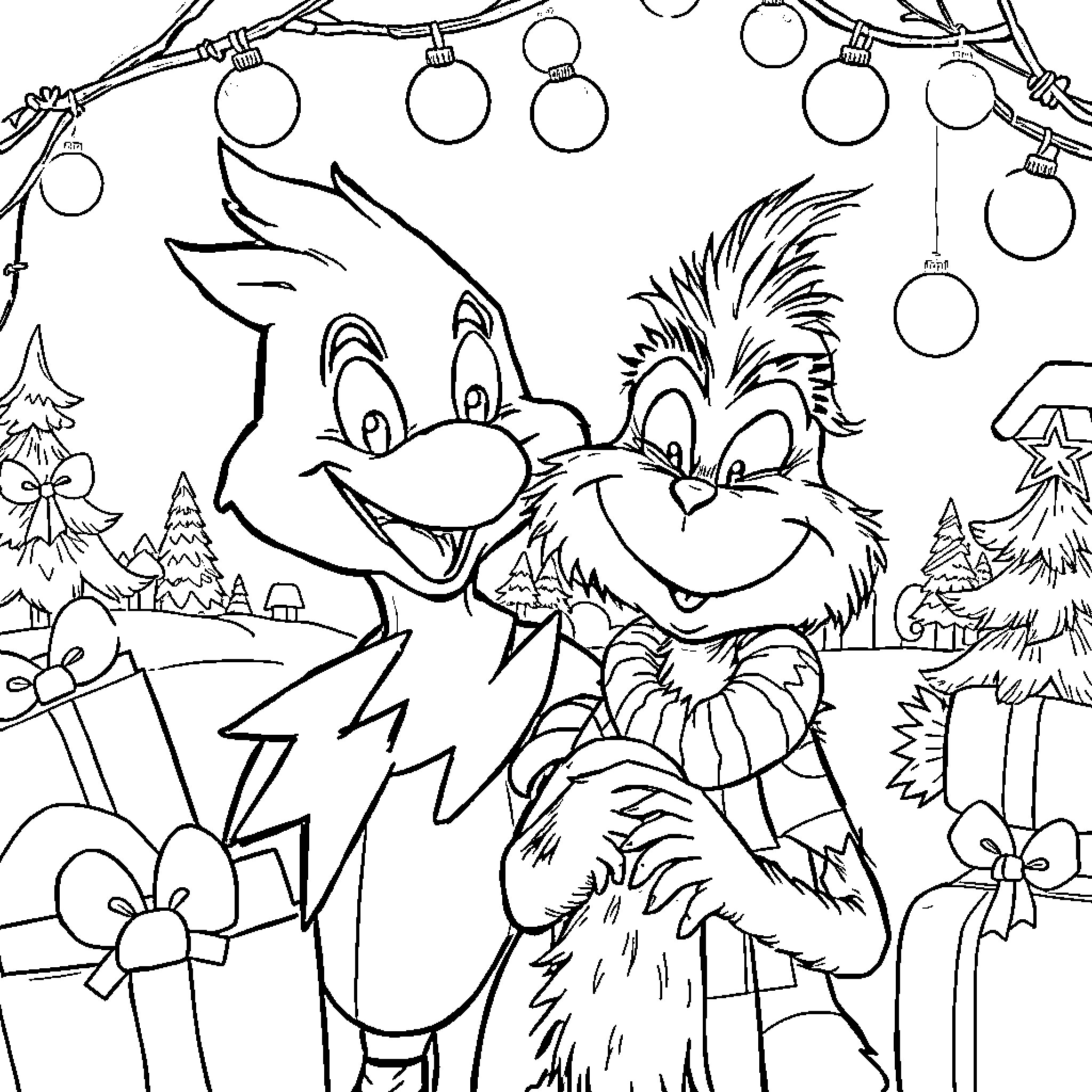 Mascot characters in a festive holiday scene Coloring Page (free black-and-white line drawing printable PDF for all, from beginners to advanced learners, including children, teens, adults, and seniors)