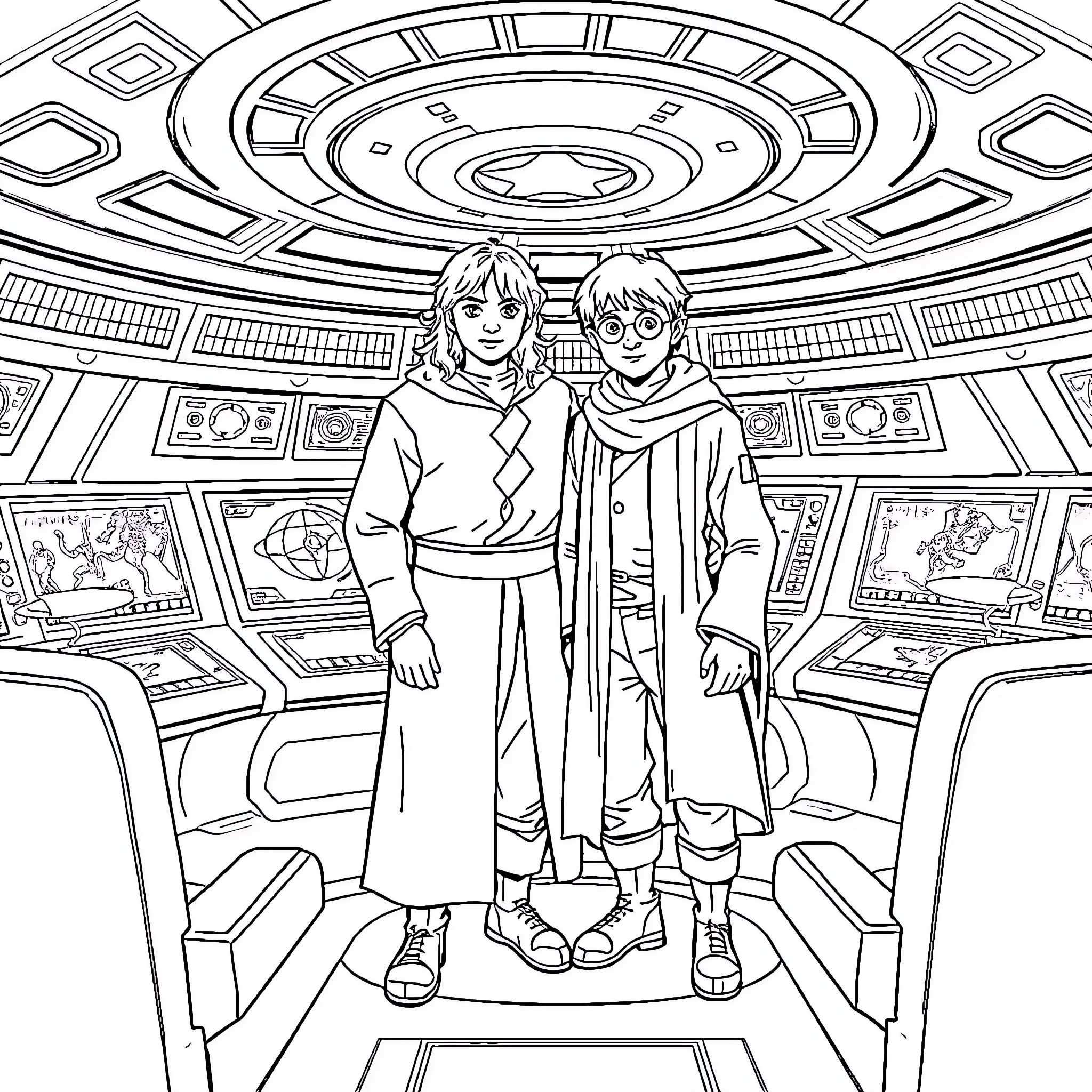 Frodo and Sam on their intergalactic adventure Coloring Page (free black-and-white line drawing printable PDF for all, from beginners to advanced learners, including children, teens, adults, and seniors)