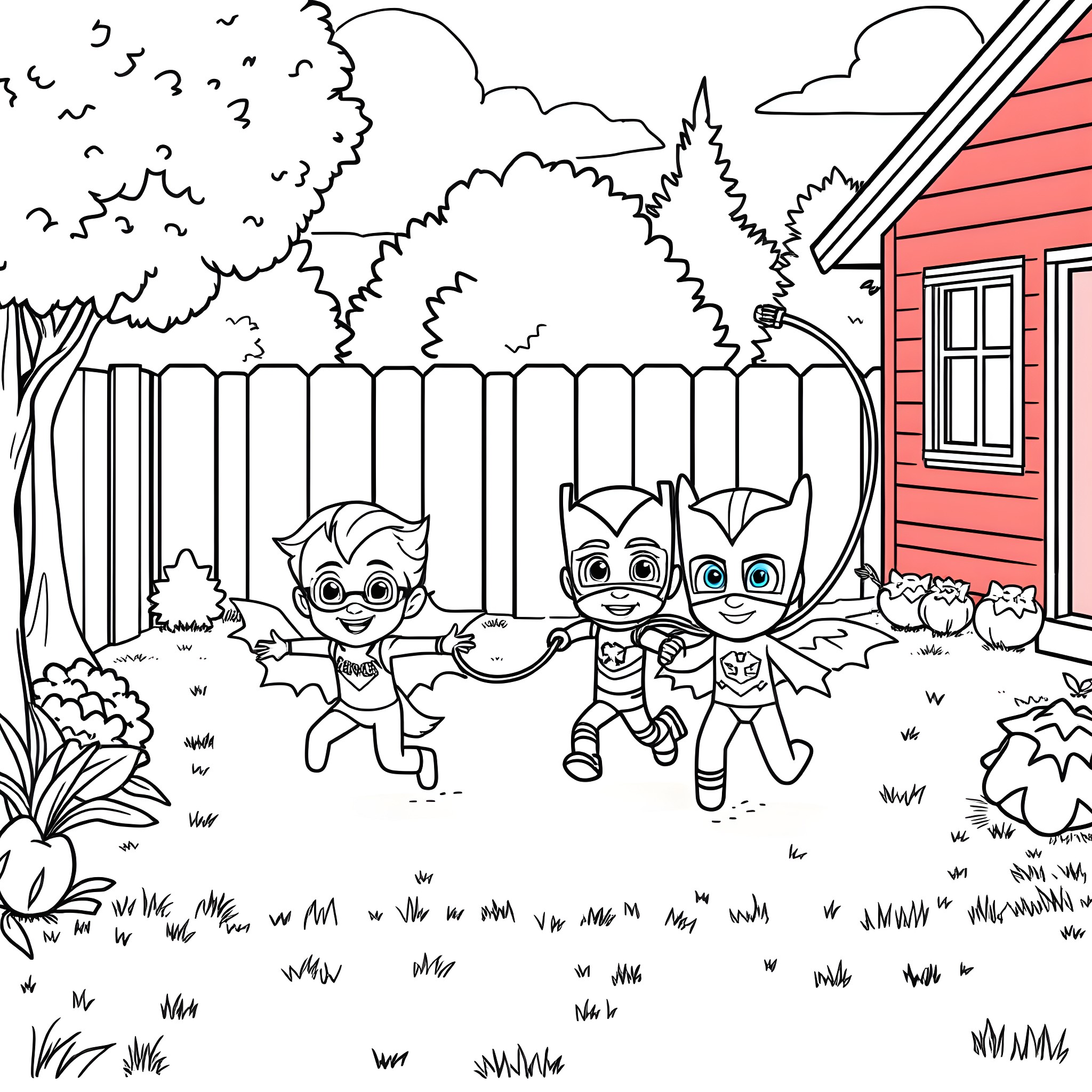 Pj Masks characters in an outdoor scene Coloring Page (free black-and-white line drawing printable PDF for all, from beginners to advanced learners, including children, teens, adults, and seniors)
